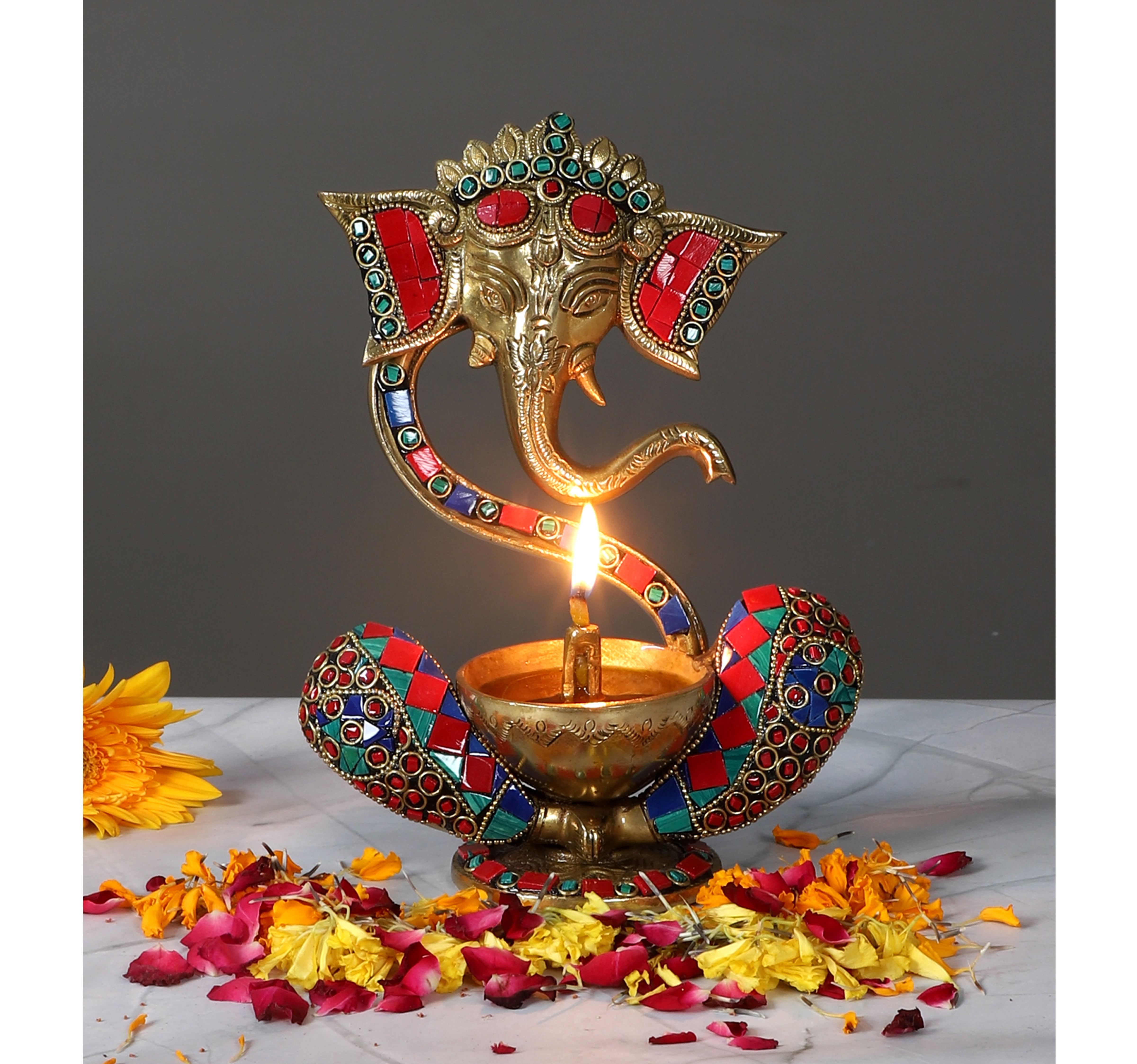 Gemstone Work Brass 8 Inches Blessing Ganesha With Diya on Lap