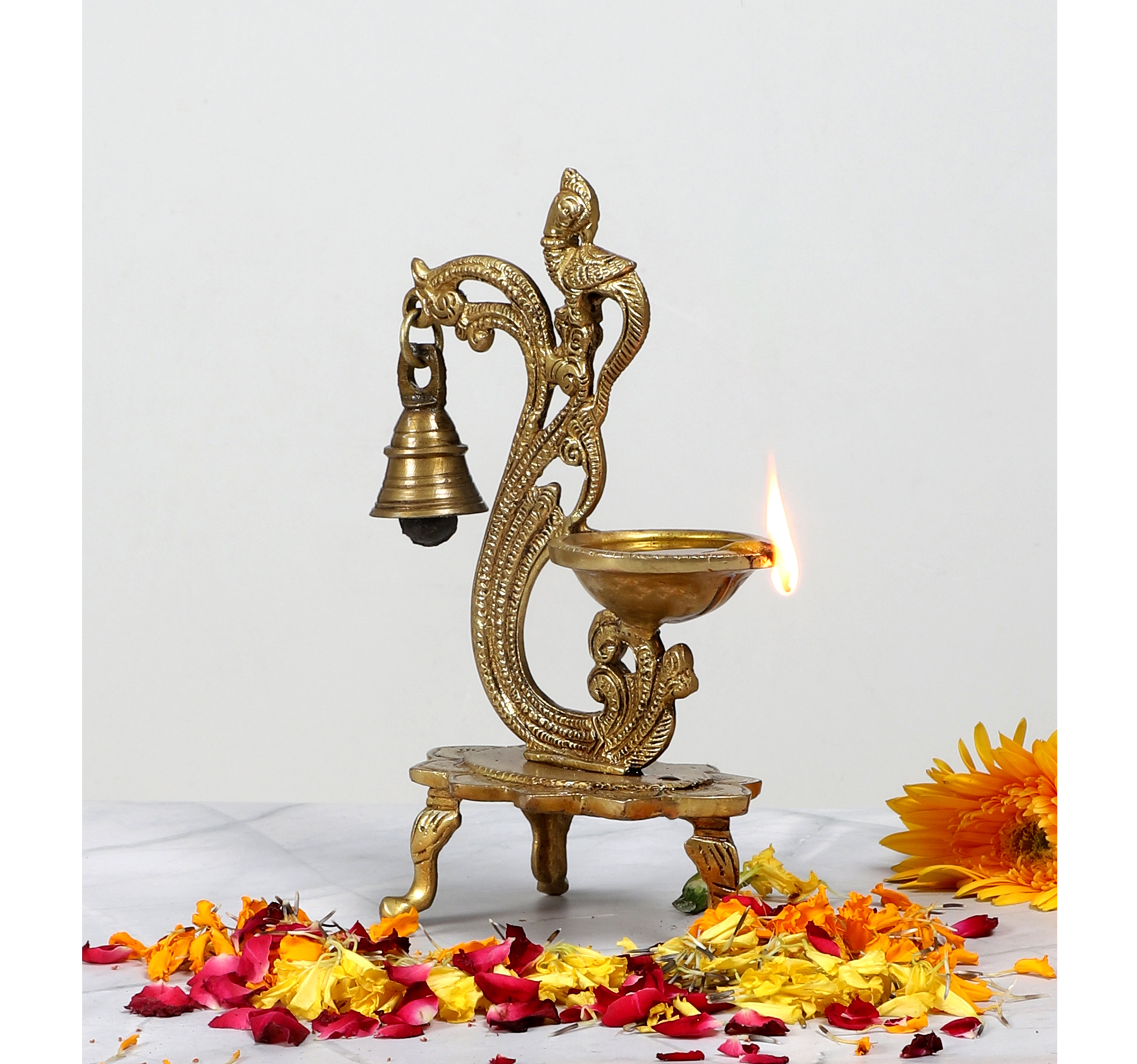 Ethnic Carved Peacock Design Brass Diya with Bell