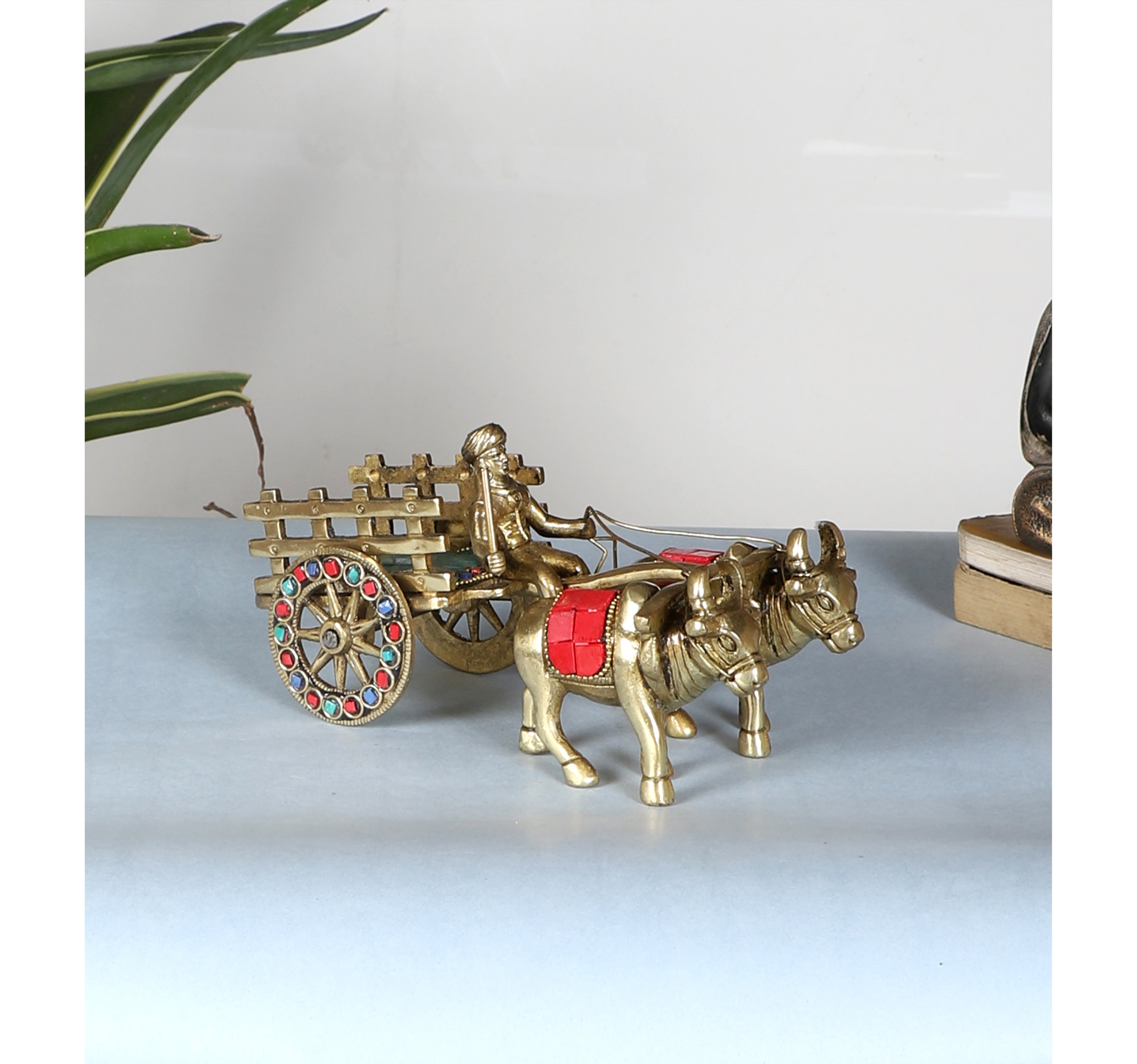 Gemstone Work 7.5 Inches Brass Bullock Cart Showpiece, Brass Home Decor