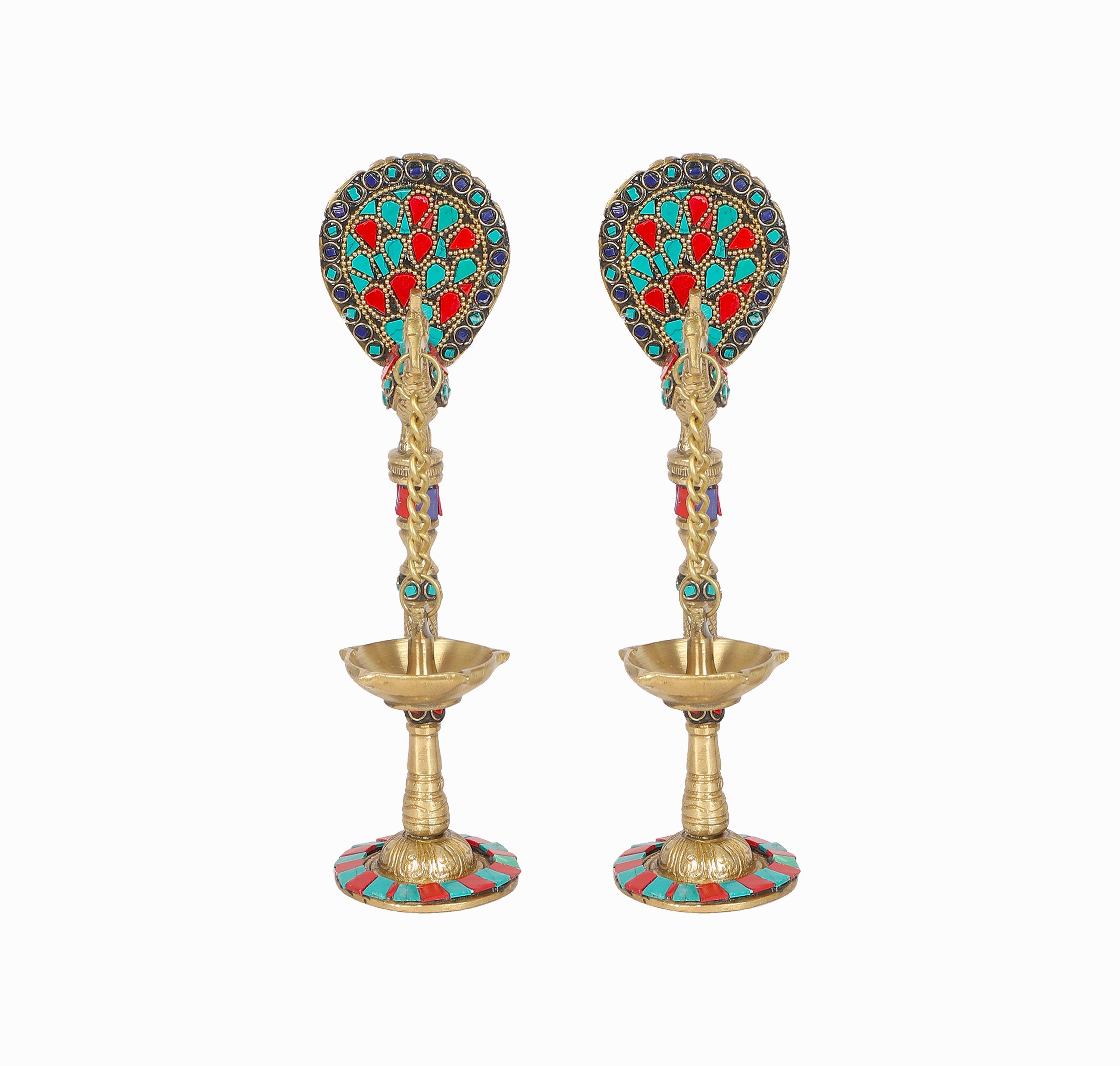 Gemstone Work Peacock Design 9 Inches Brass Hanging Diya Pair, Brass Diyas for Decoration