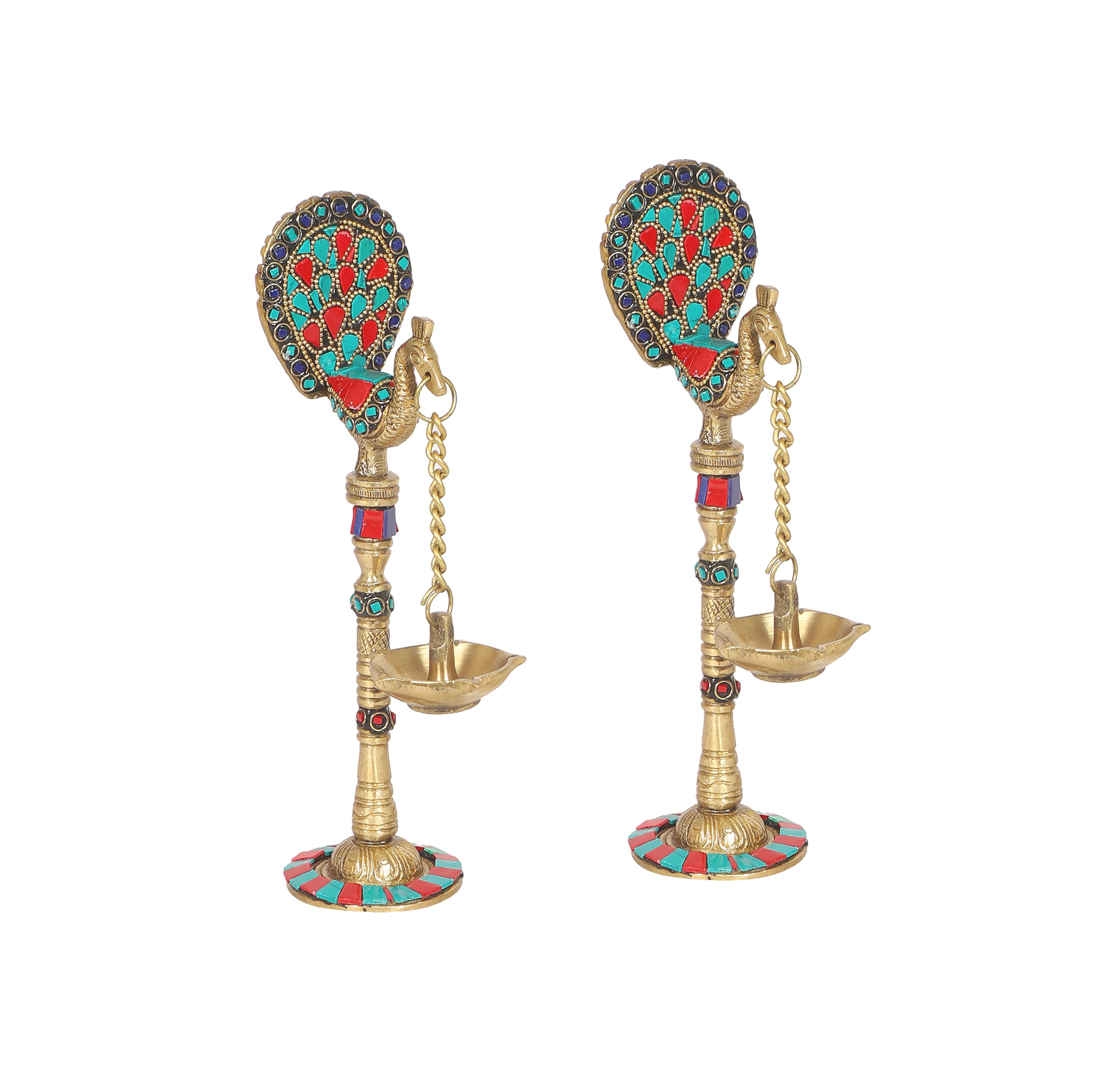 Gemstone Work Peacock Design 9 Inches Brass Hanging Diya Pair, Brass Diyas for Decoration