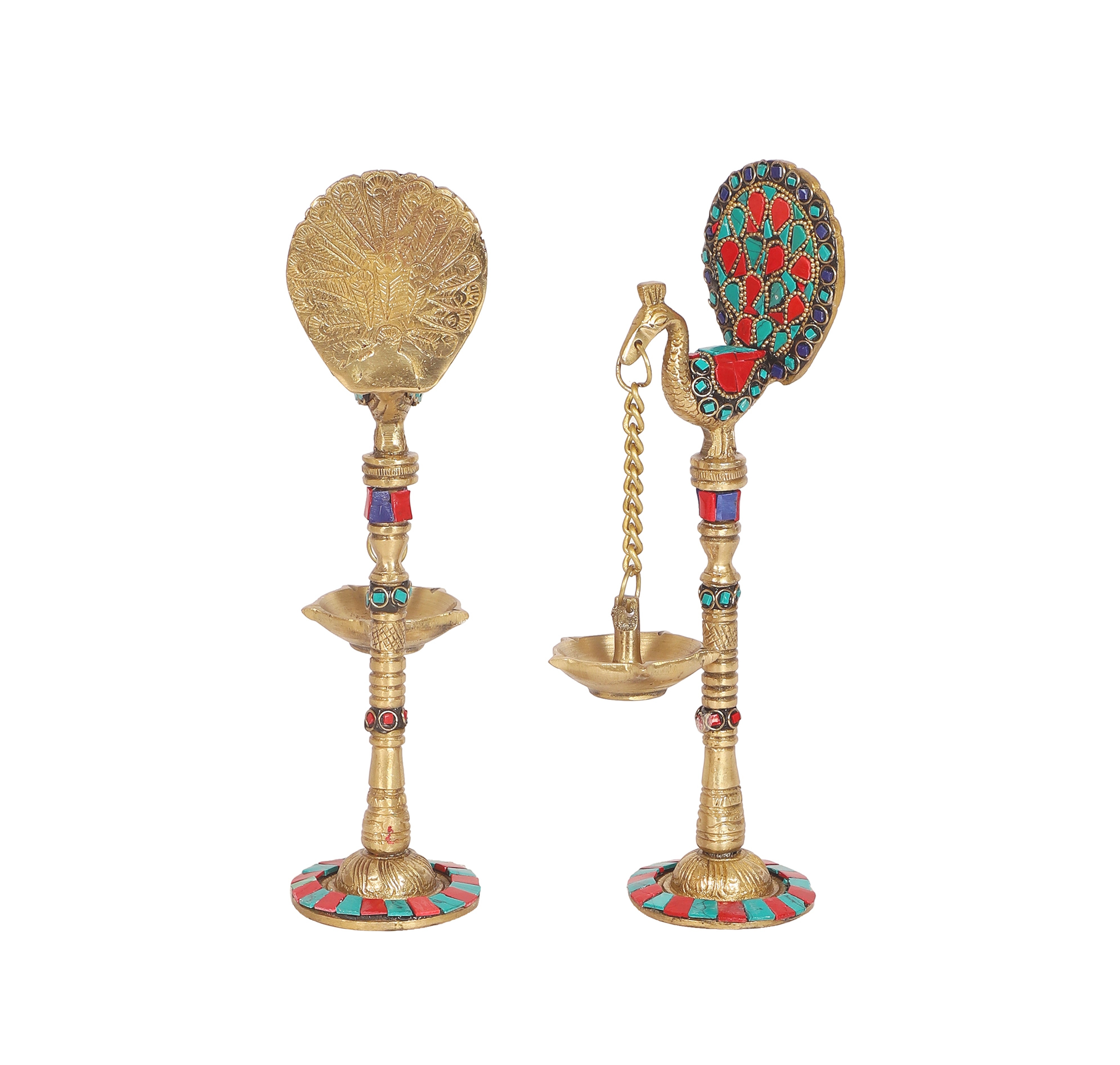Gemstone Work Peacock Design 9 Inches Brass Hanging Diya Pair, Brass Diyas for Decoration
