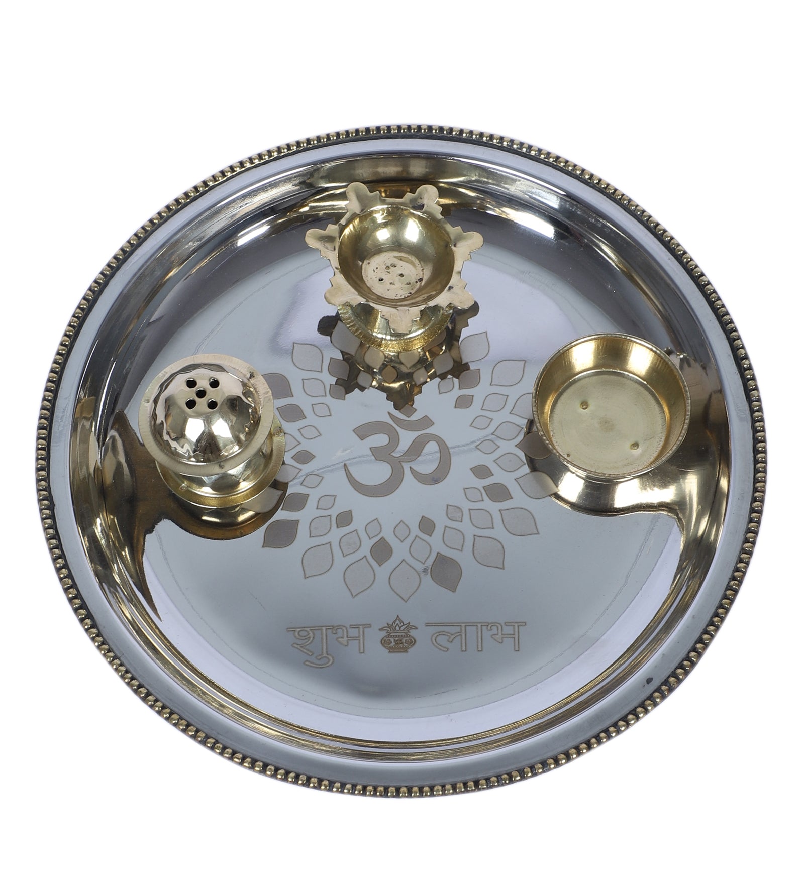 Om Shubh Labh Engraved 8.5 Inches Stainless Steel Puja Thali Set