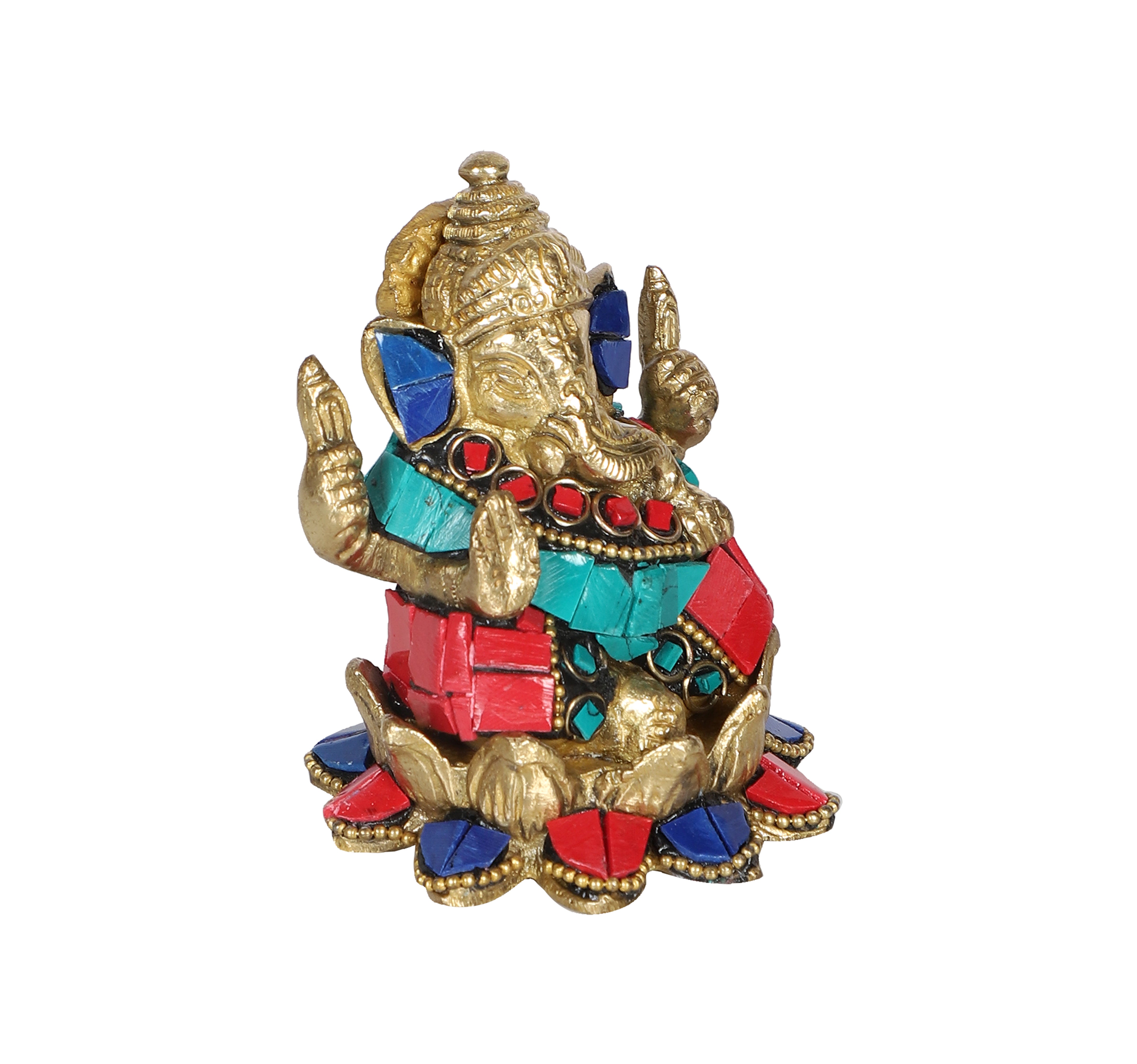 Gemstone Work Brass Ganesha on Lotus Showpiece, Ganesha Idol for Home/Temple