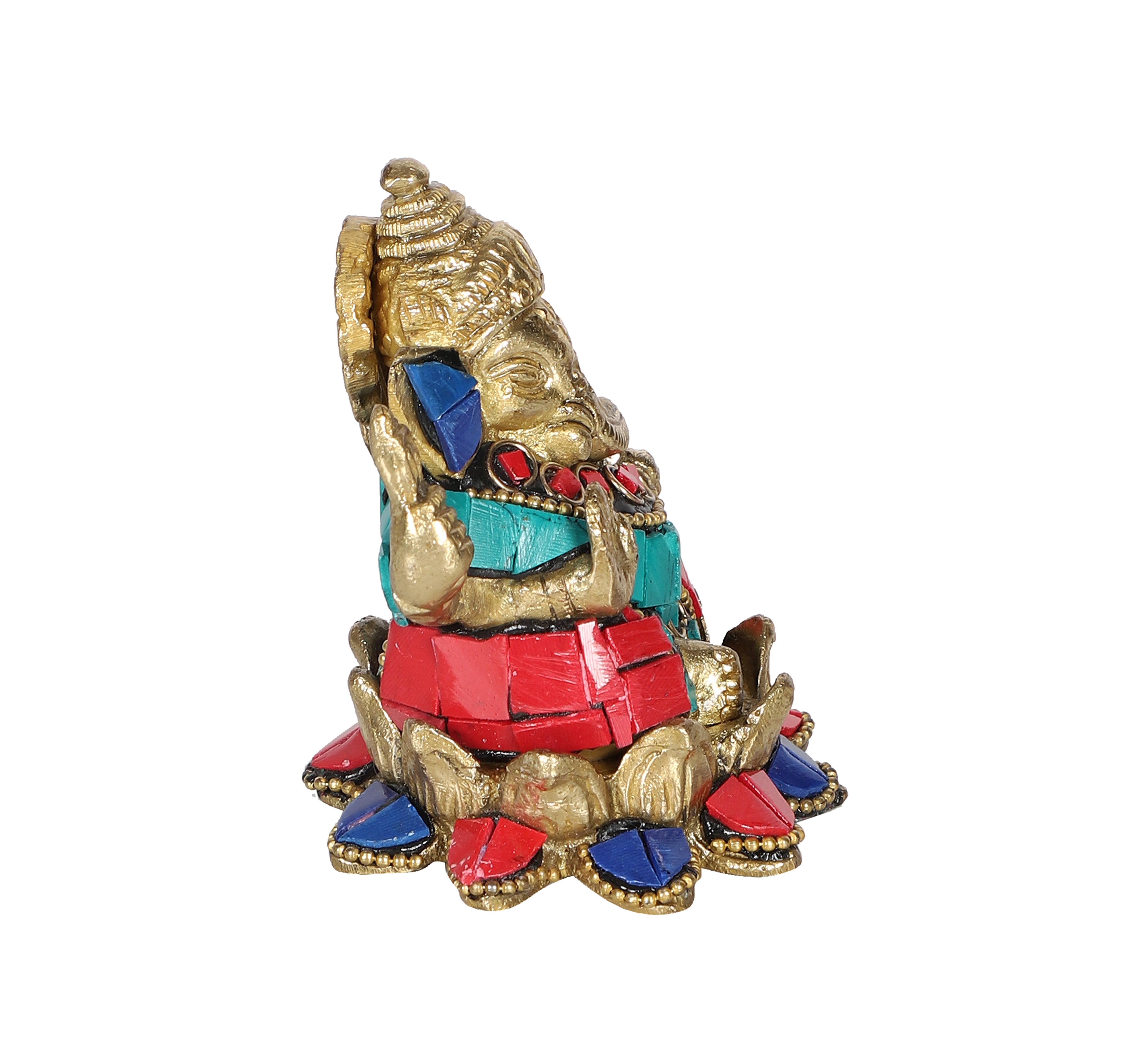 Gemstone Work Brass Ganesha on Lotus Showpiece, Ganesha Idol for Home/Temple