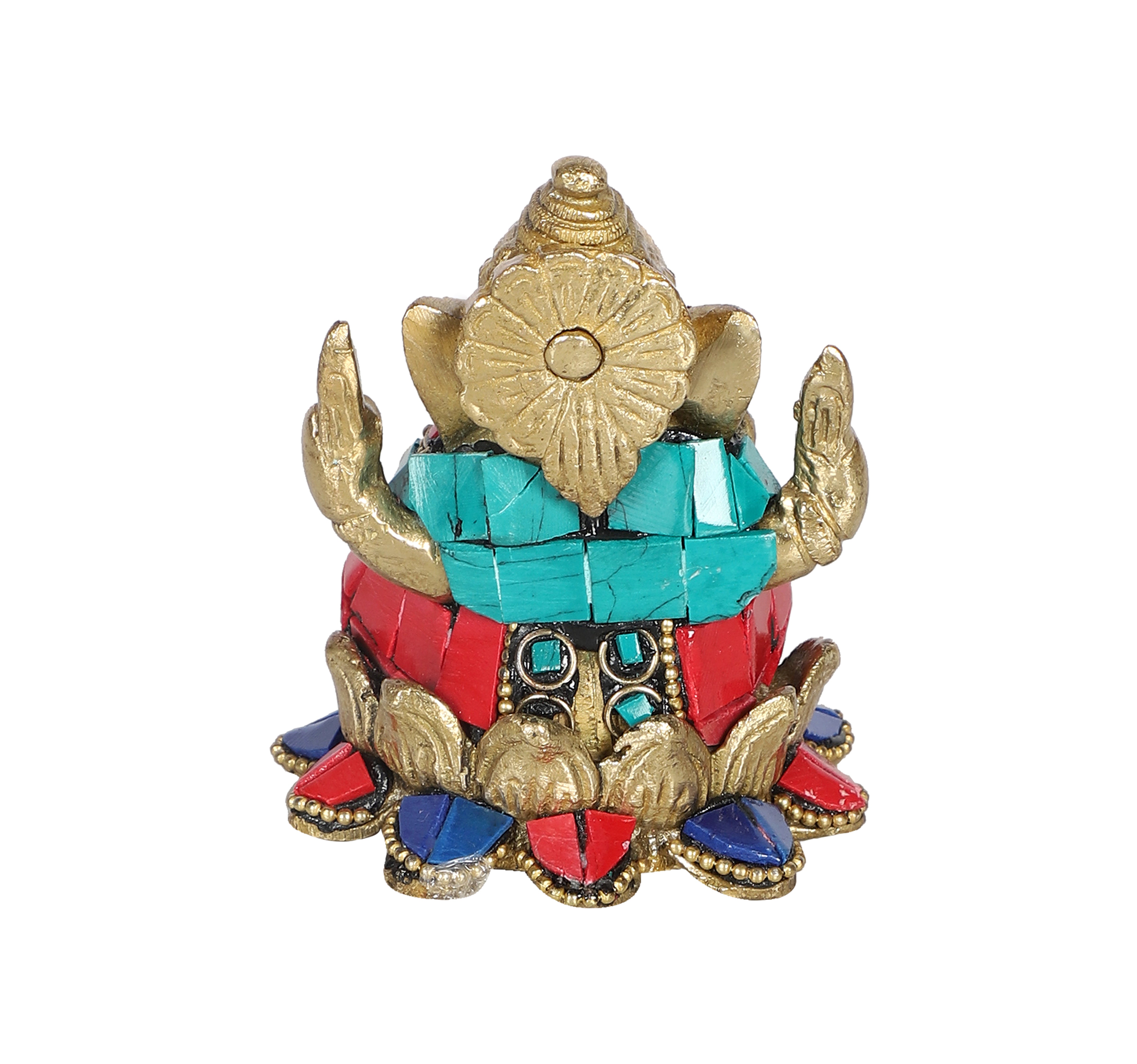 Gemstone Work Brass Ganesha on Lotus Showpiece, Ganesha Idol for Home/Temple