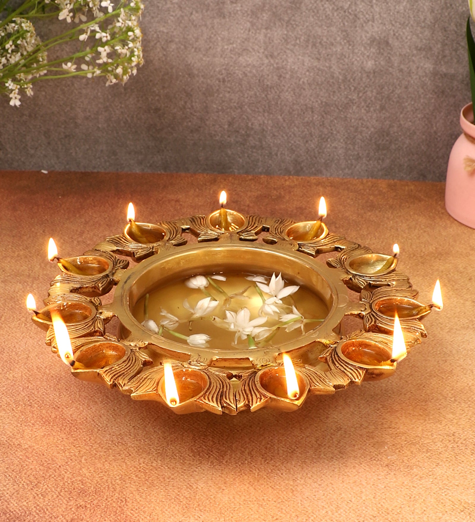 Brass 9.5 Inches Urli Bowl with Lotus Design 11 Diyas, Urli for Flowers, Brass Urli for Home Decor