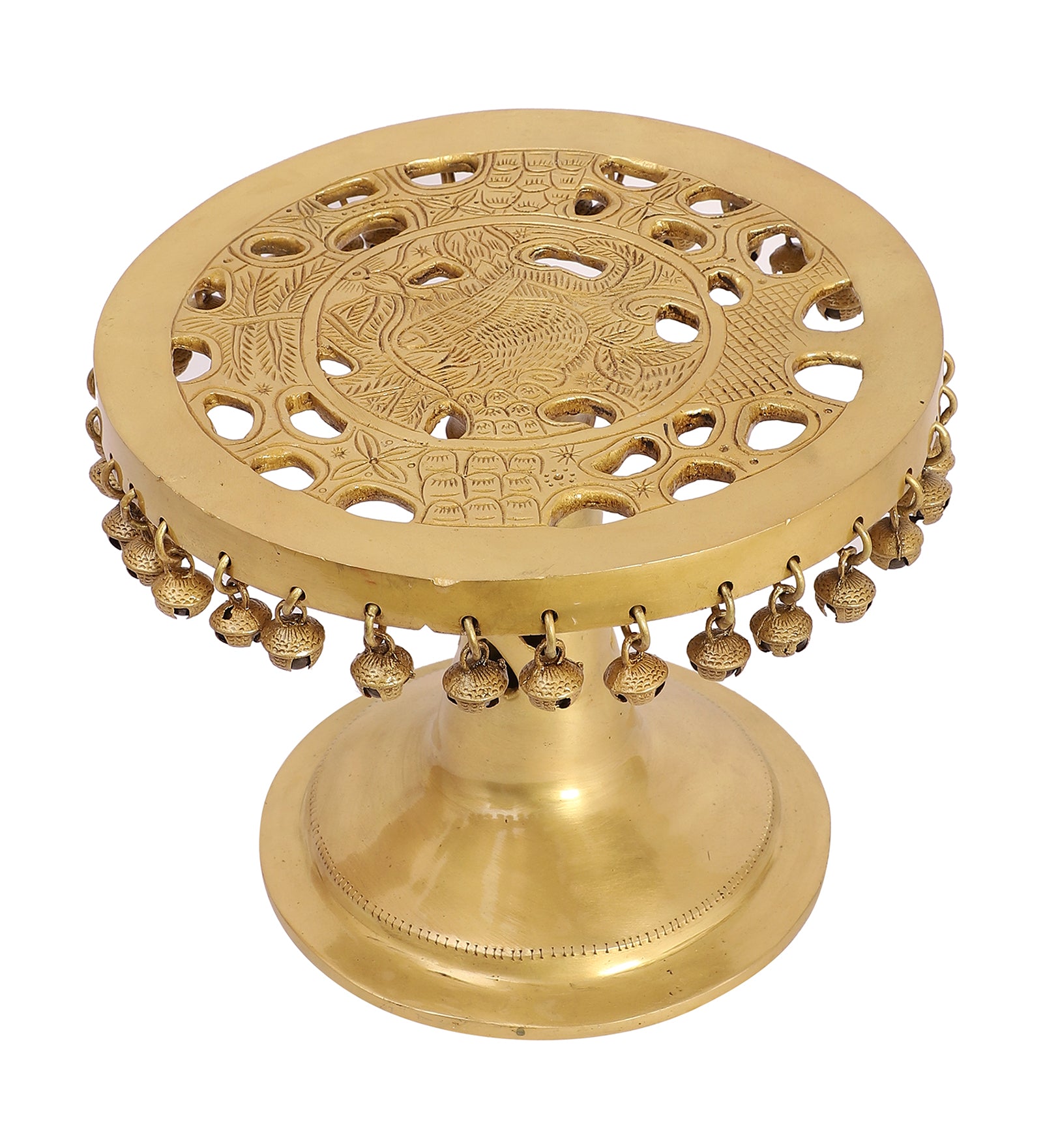 Brass 10 Inches Pooja Chowki with Bells, Brass Chowki for Pooja, Chowki for Home/Temple