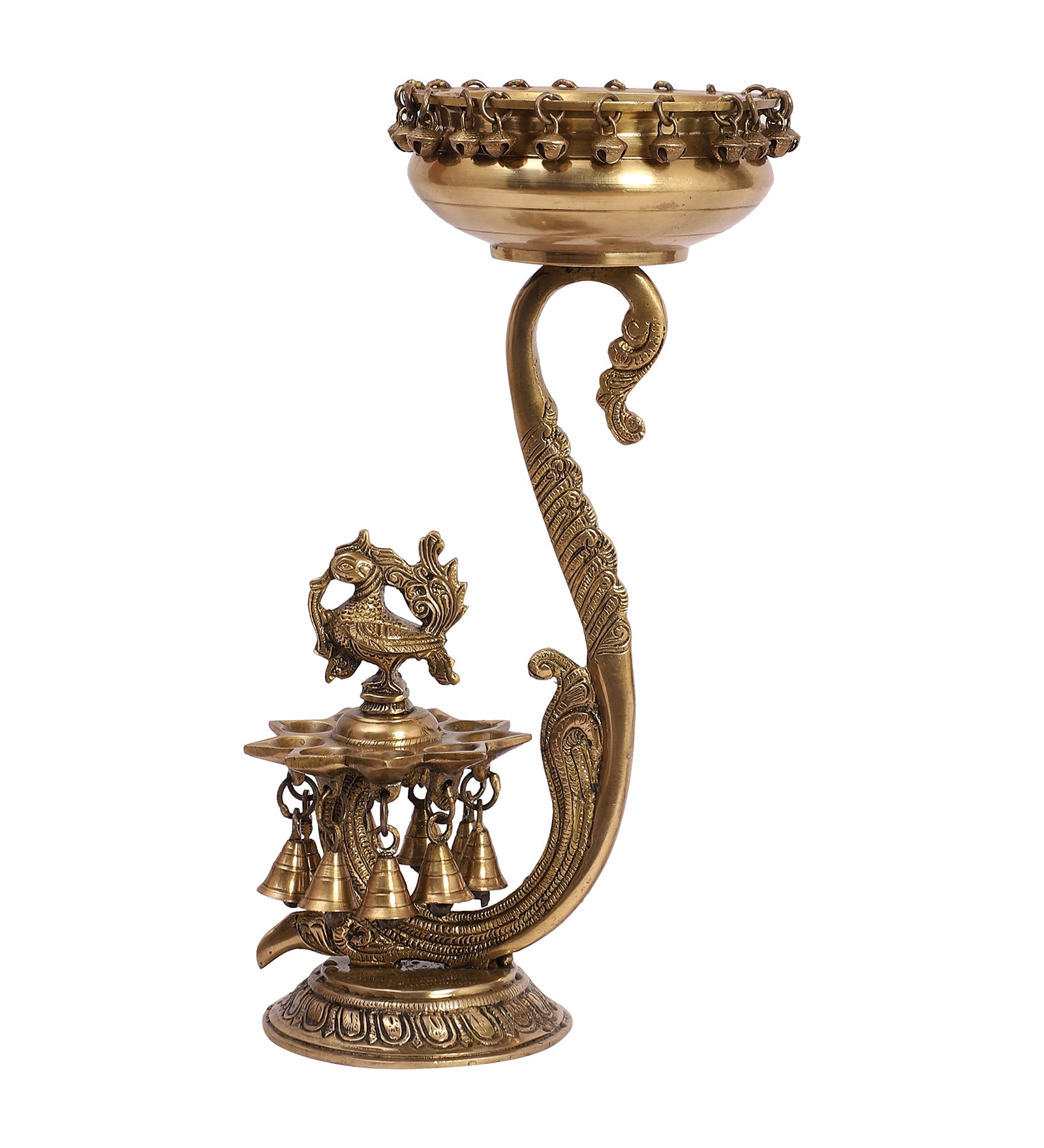 Brass 15 Inches Stand with 9 Oil Wick Peacock Diya and 6 Inches Brass Urli with Bells