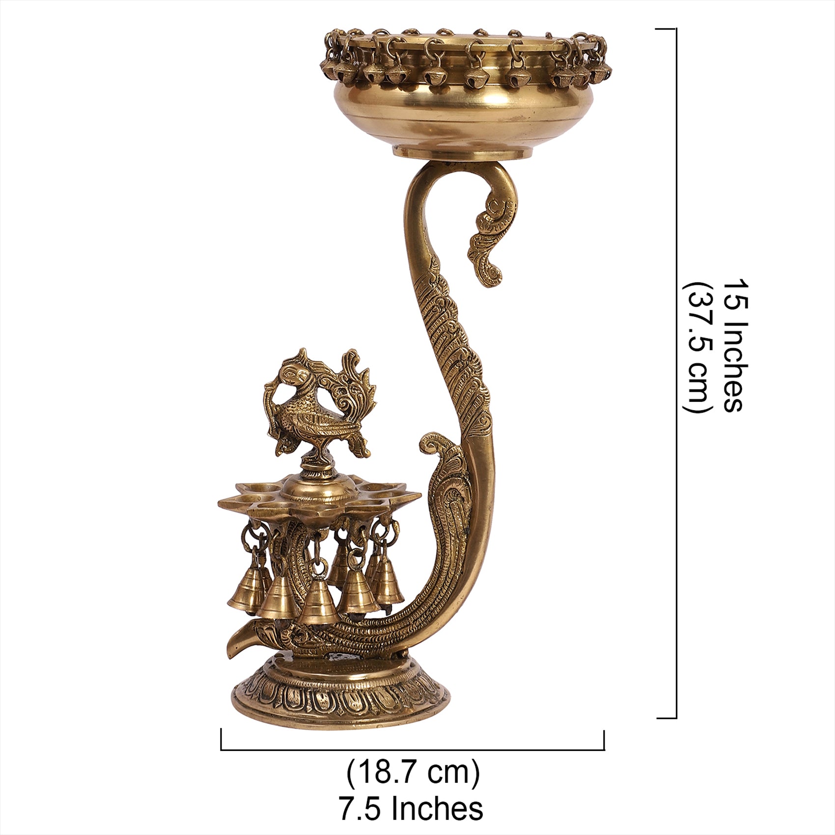 Brass 15 Inches Stand with 9 Oil Wick Peacock Diya and 6 Inches Brass Urli with Bells