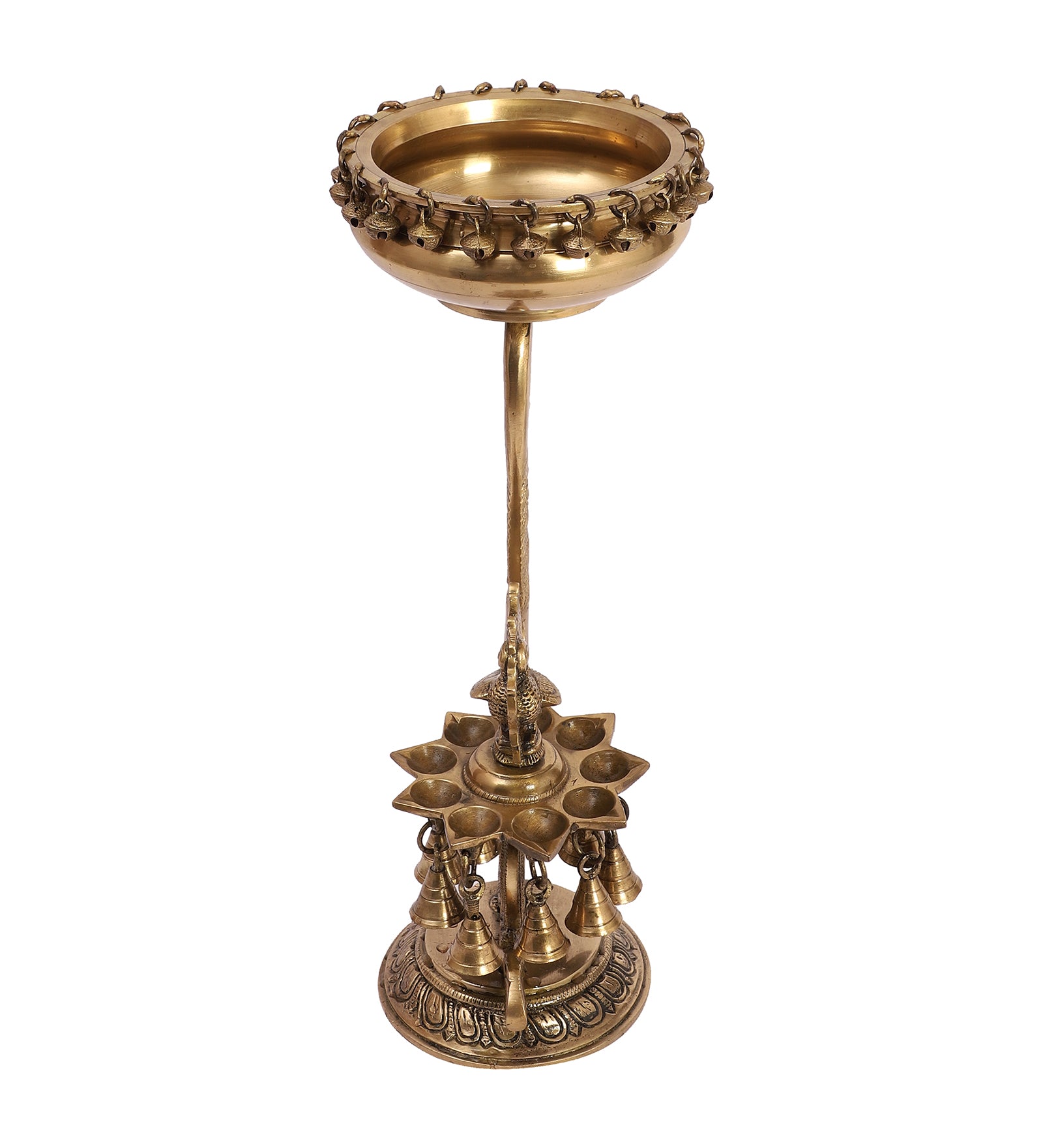 Brass 15 Inches Stand with 9 Oil Wick Peacock Diya and 6 Inches Brass Urli with Bells