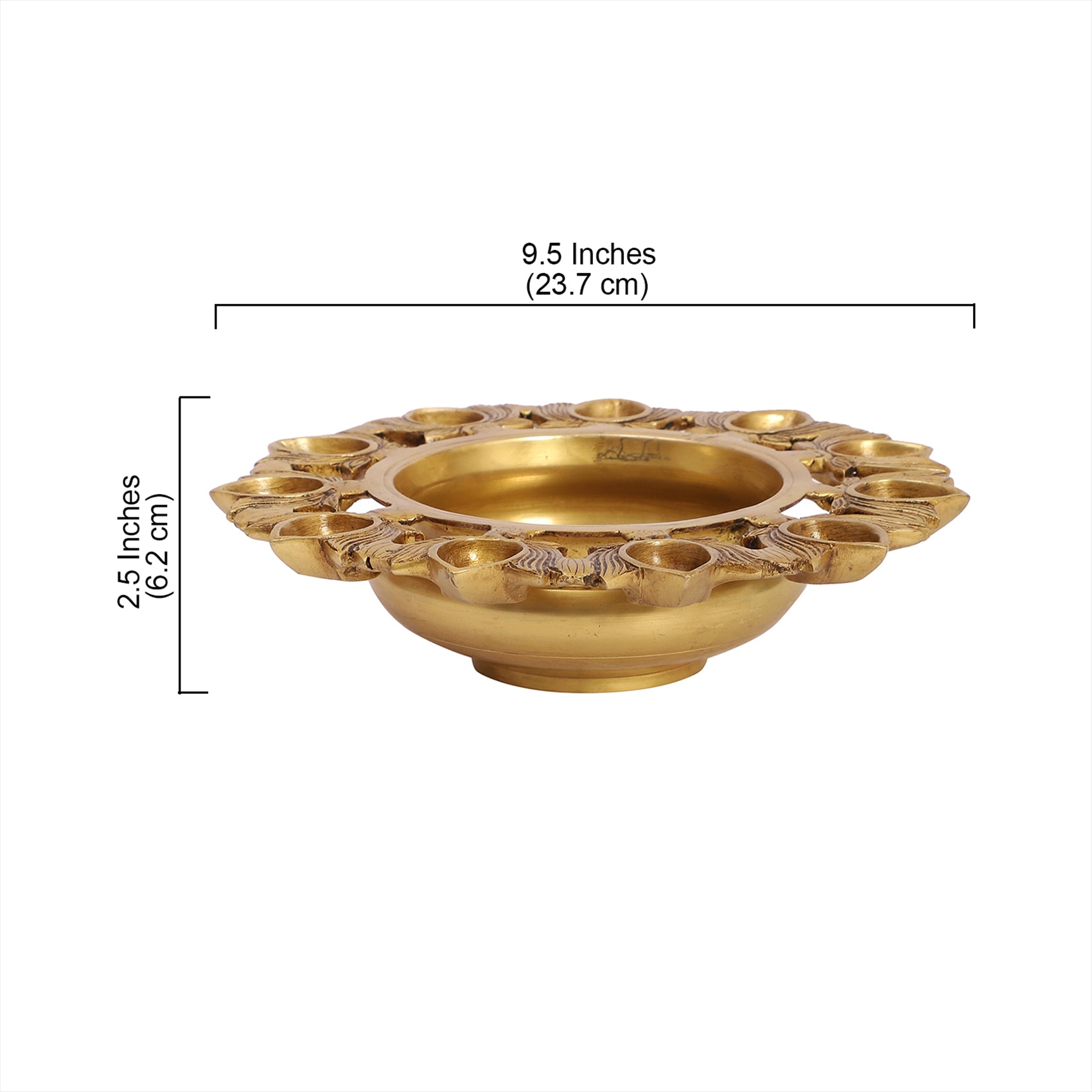 Brass 9.5 Inches Urli Bowl with Lotus Design 11 Diyas, Urli for Flowers, Brass Urli for Home Decor