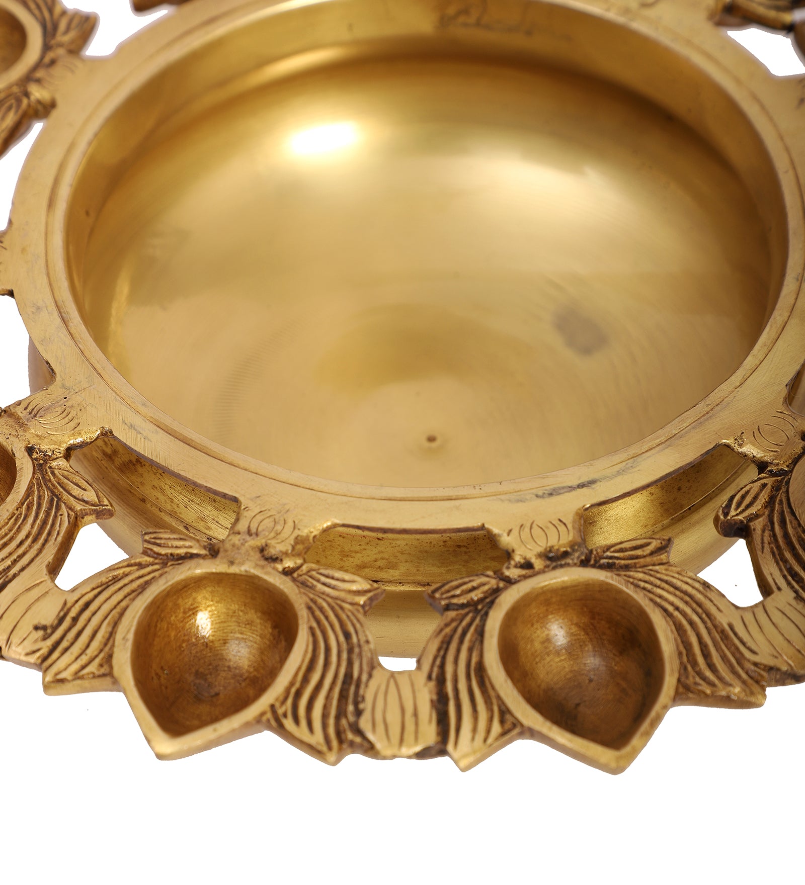 Brass 9.5 Inches Urli Bowl with Lotus Design 11 Diyas, Urli for Flowers, Brass Urli for Home Decor