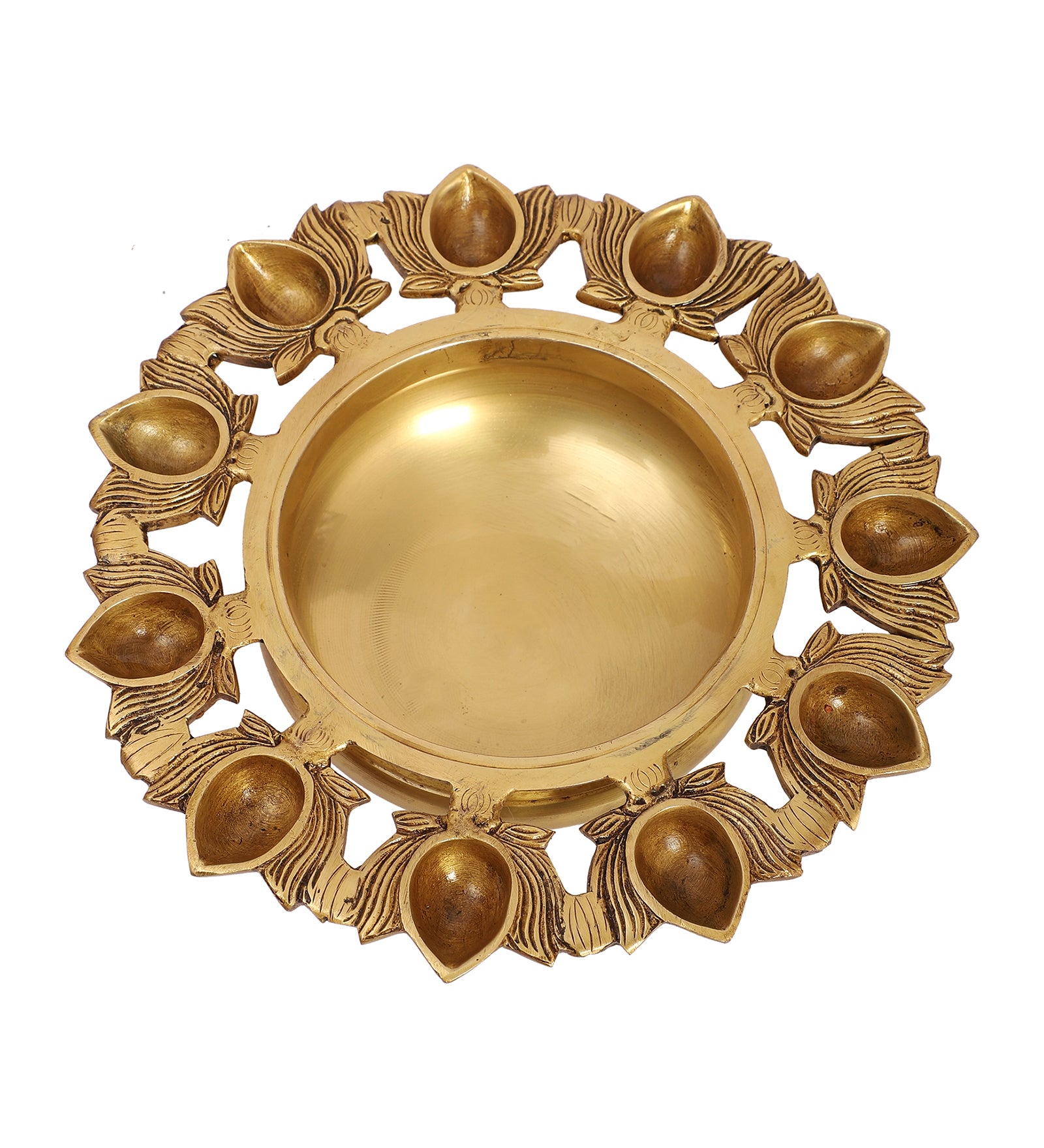 Brass 9.5 Inches Urli Bowl with Lotus Design 11 Diyas, Urli for Flowers, Brass Urli for Home Decor