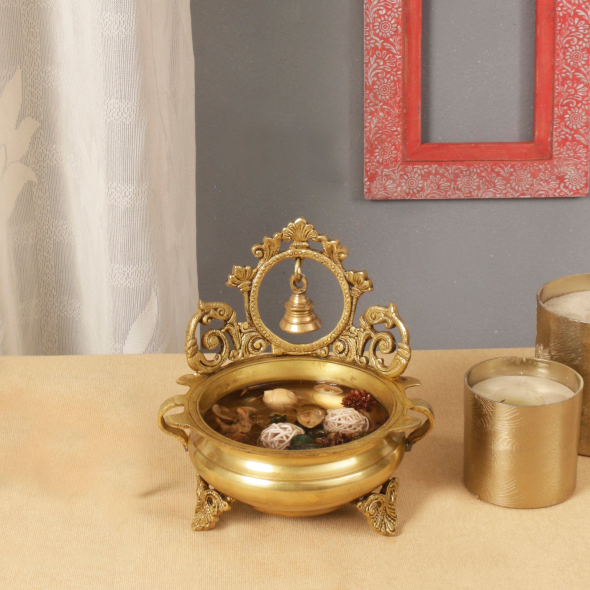 Ethnic Indian Carved Brass Decor Urli Bowl with Bell
