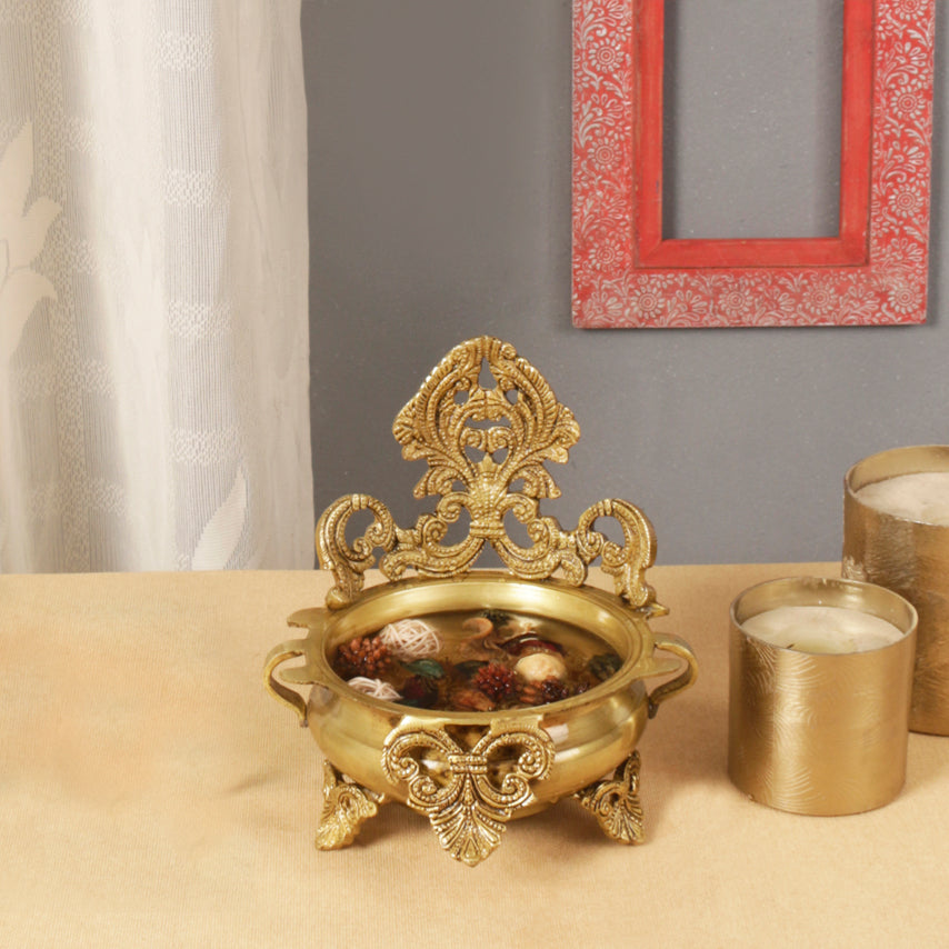 Brass Ethnic Carved 7 Inches Decor Urli Bowl, Golden