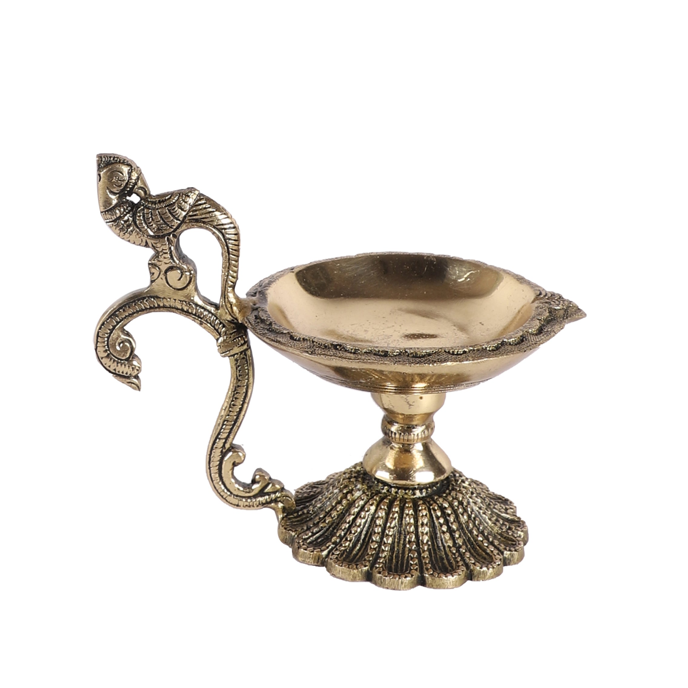 Brass Ethnic Curved Peacock Handle Design 4 Inches Diya