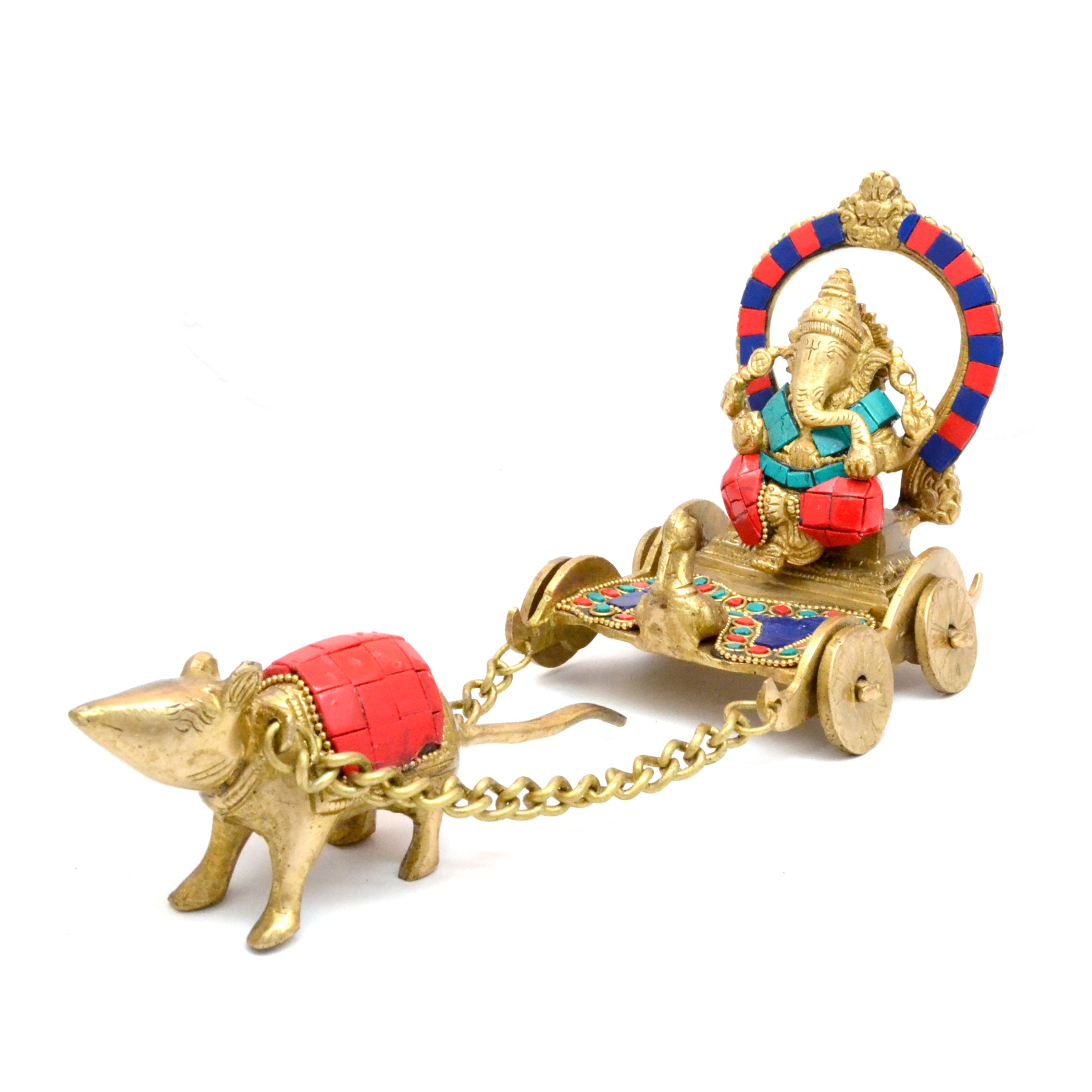 Brass Ganesha on Mouse Savari Gemstone Work Showpiece