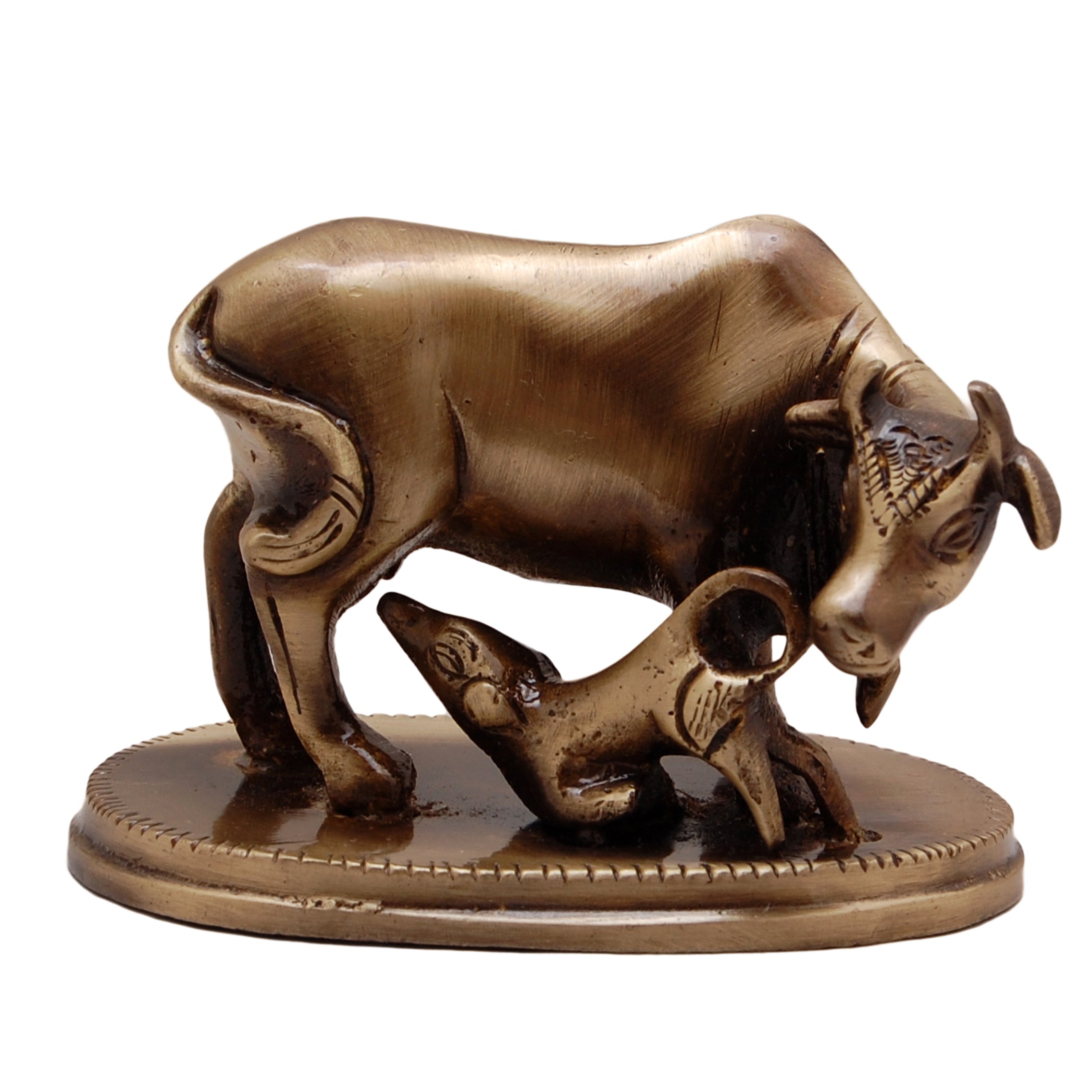 Brass Kamdhenu Cow & Calf Showpiece, Handcrafted Brass Kamdhenu Statue