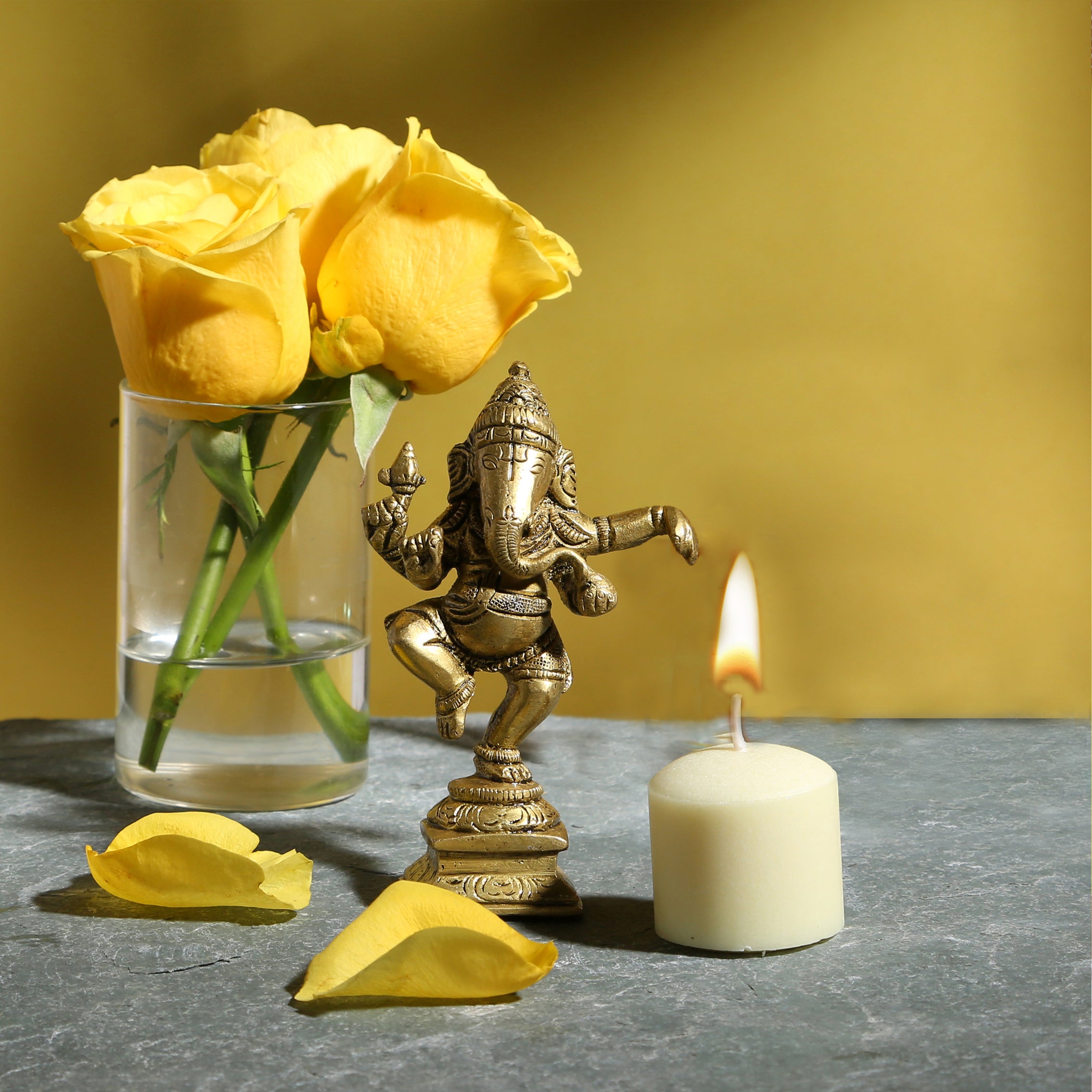 Brass Dancing Ganesha Decor Idol for Home Temple, Brown
