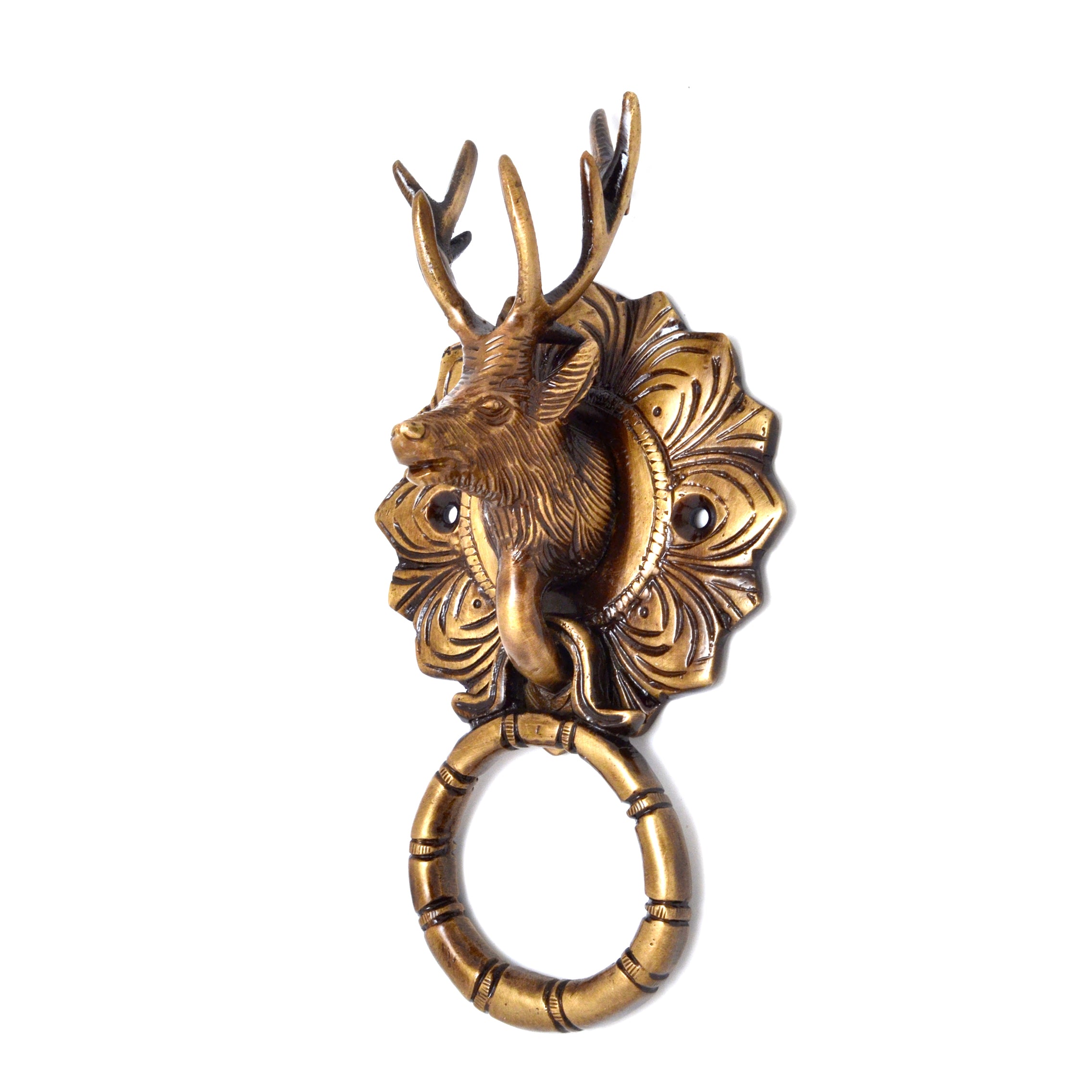 Brass Reindeer Face Door Knocker (Standard Size, Antique Brown)