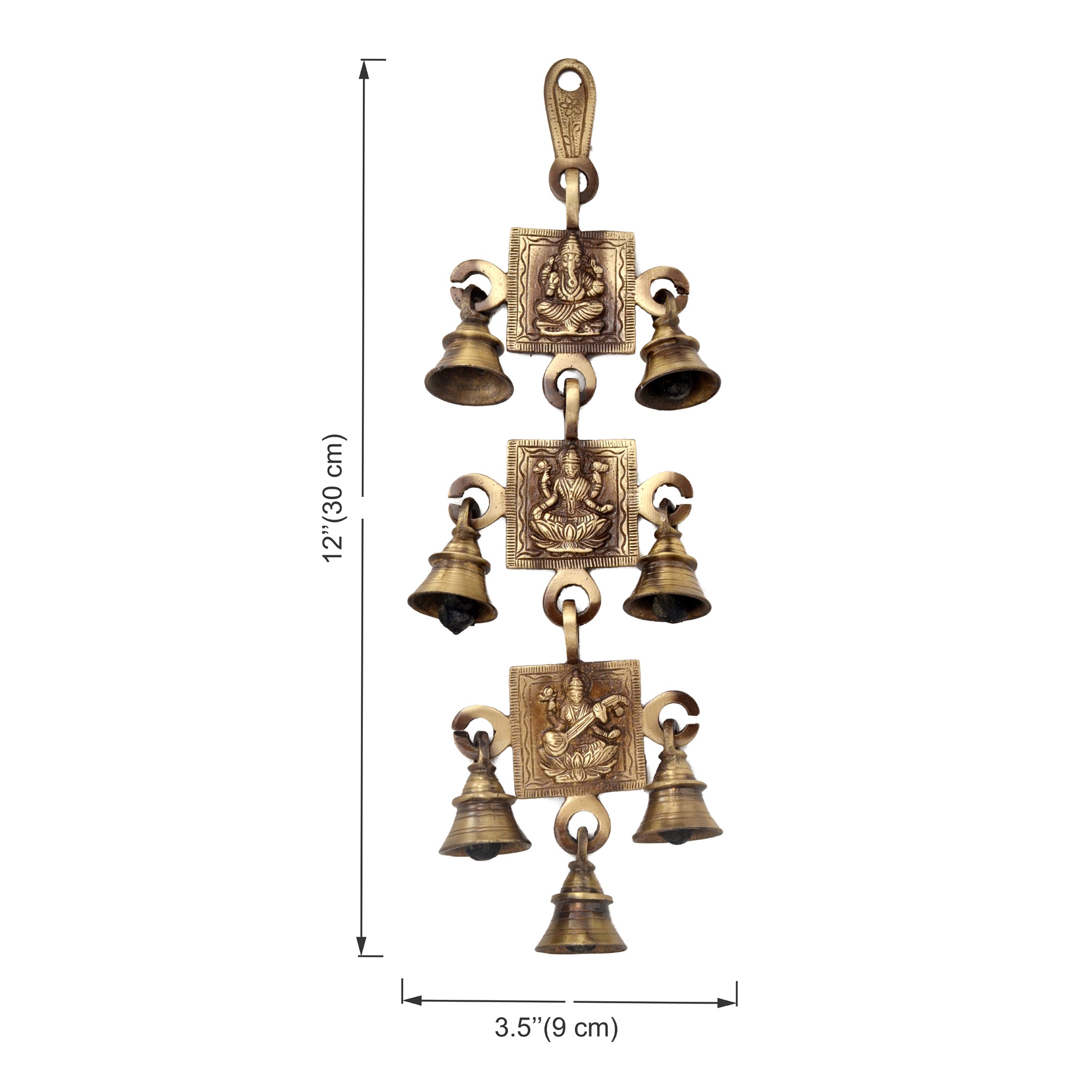 Brass Ganesh Laxmi Saraswati Hanging Bells, Ghanti for Pooja, Temple Decorative Bells