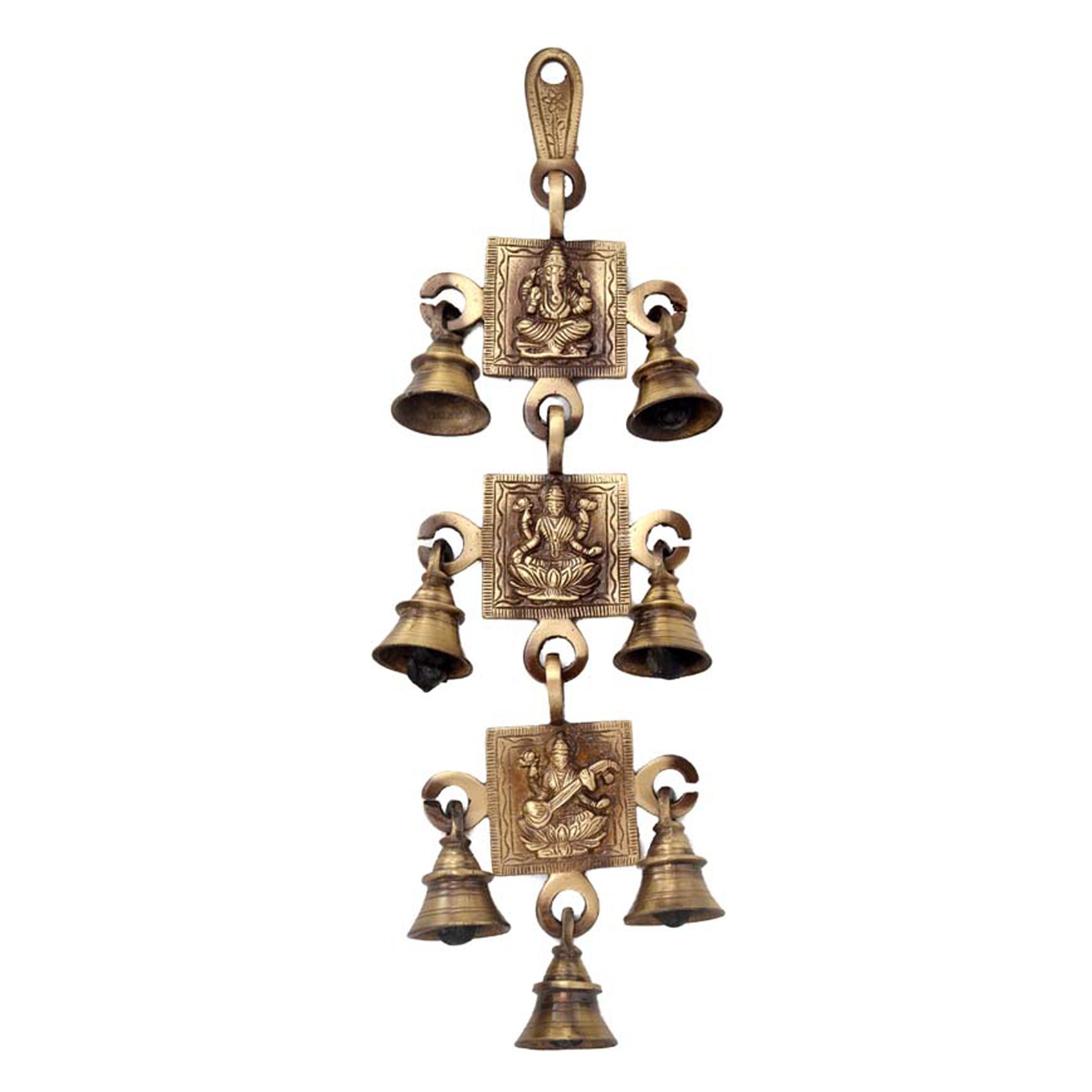 Brass Ganesh Laxmi Saraswati Hanging Bells, Ghanti for Pooja, Temple Decorative Bells