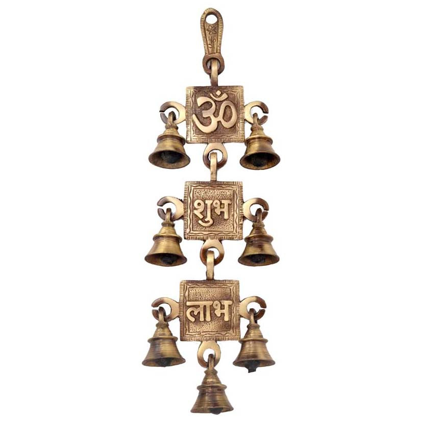 Om Shubh Labh Design Brass Hanging Bells, 12 Inches, Hanging Bells for Decoration