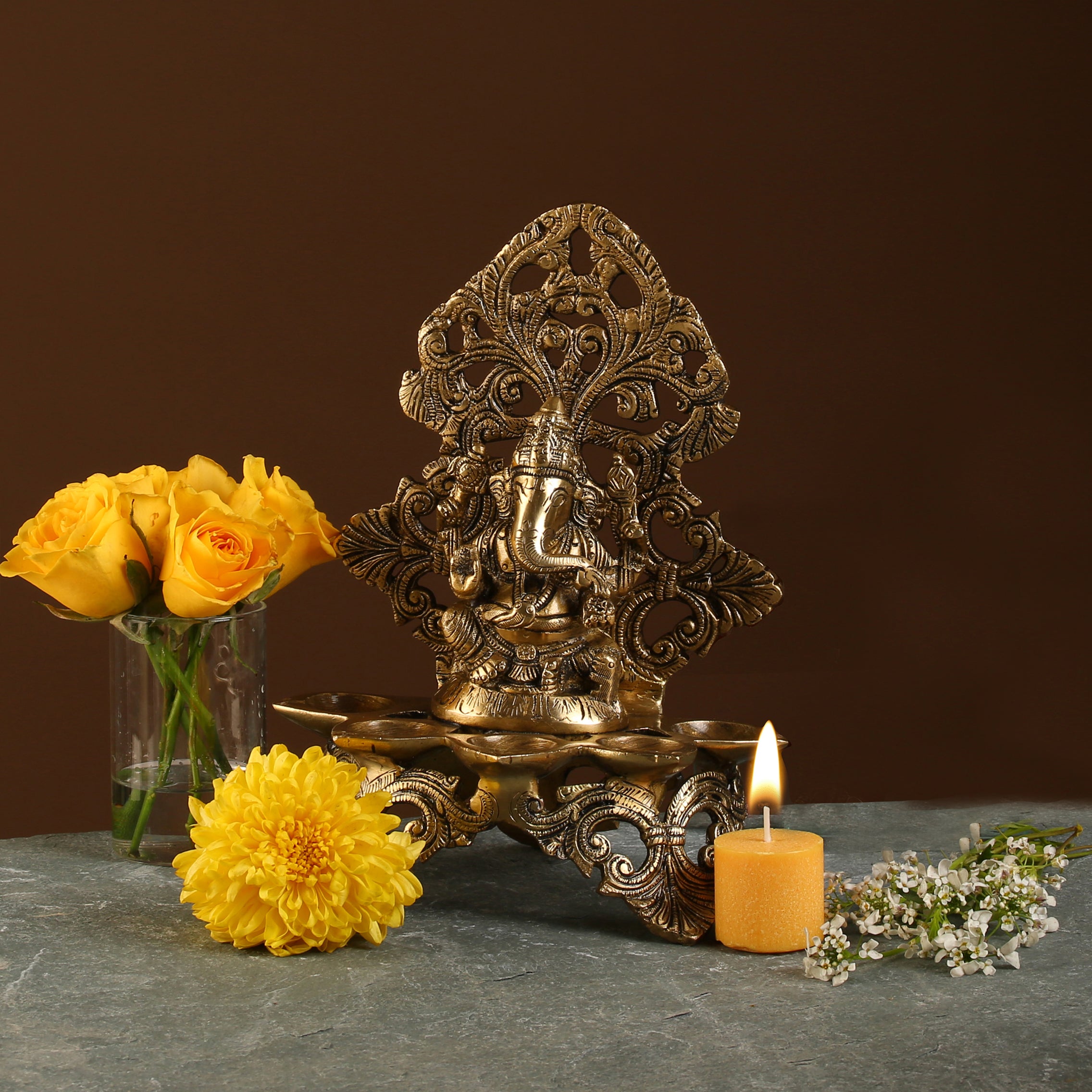 Brass Panchdeep Ganesha Carving Diya, Brass Decorative Diyas