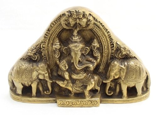 Brass Gaja Ganesha Idol - Lord Ganesha with Elephants (Standard Size, Beige, Brown)