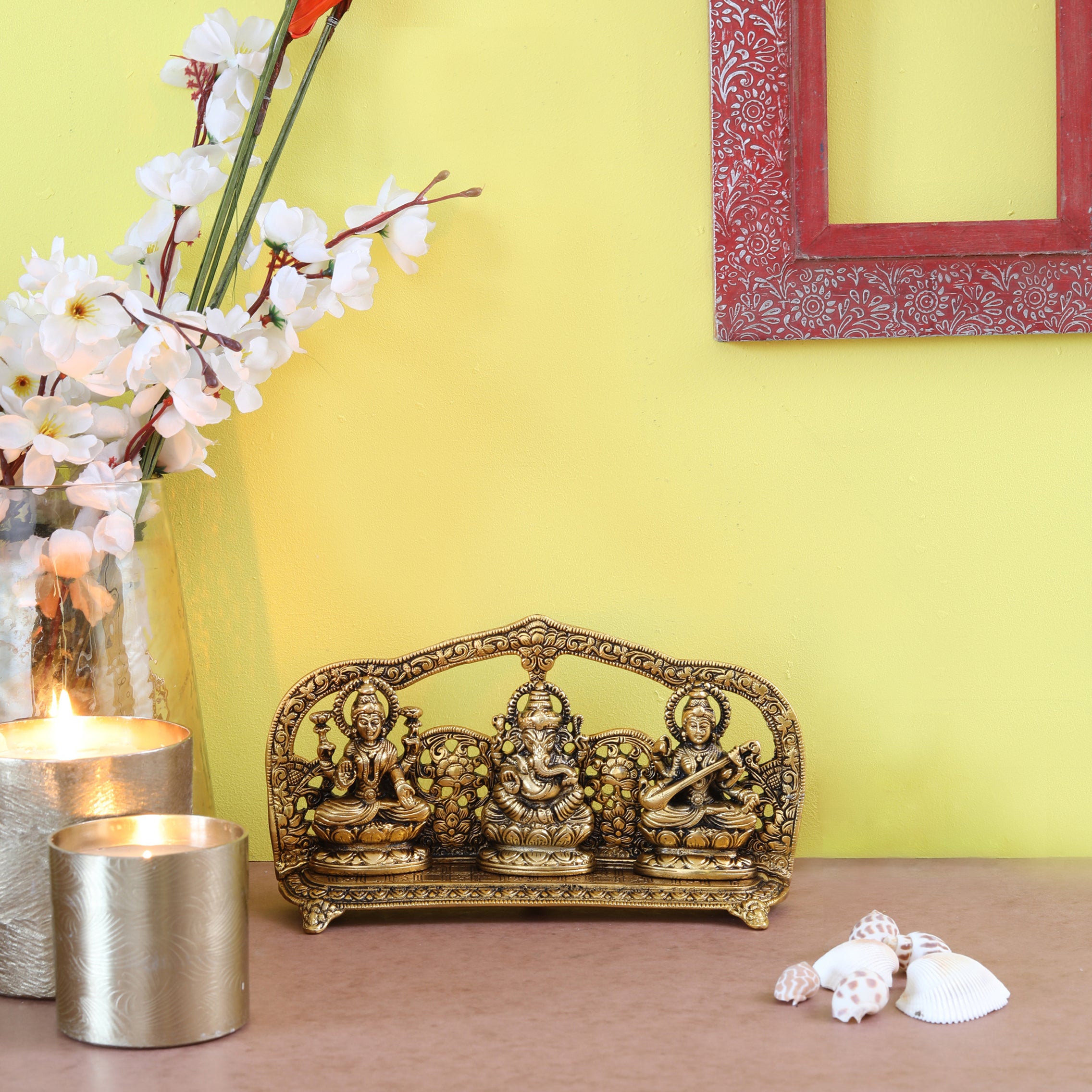 Aluminium Laxmi Ganesha Saraswati Idol, Standard, Golden