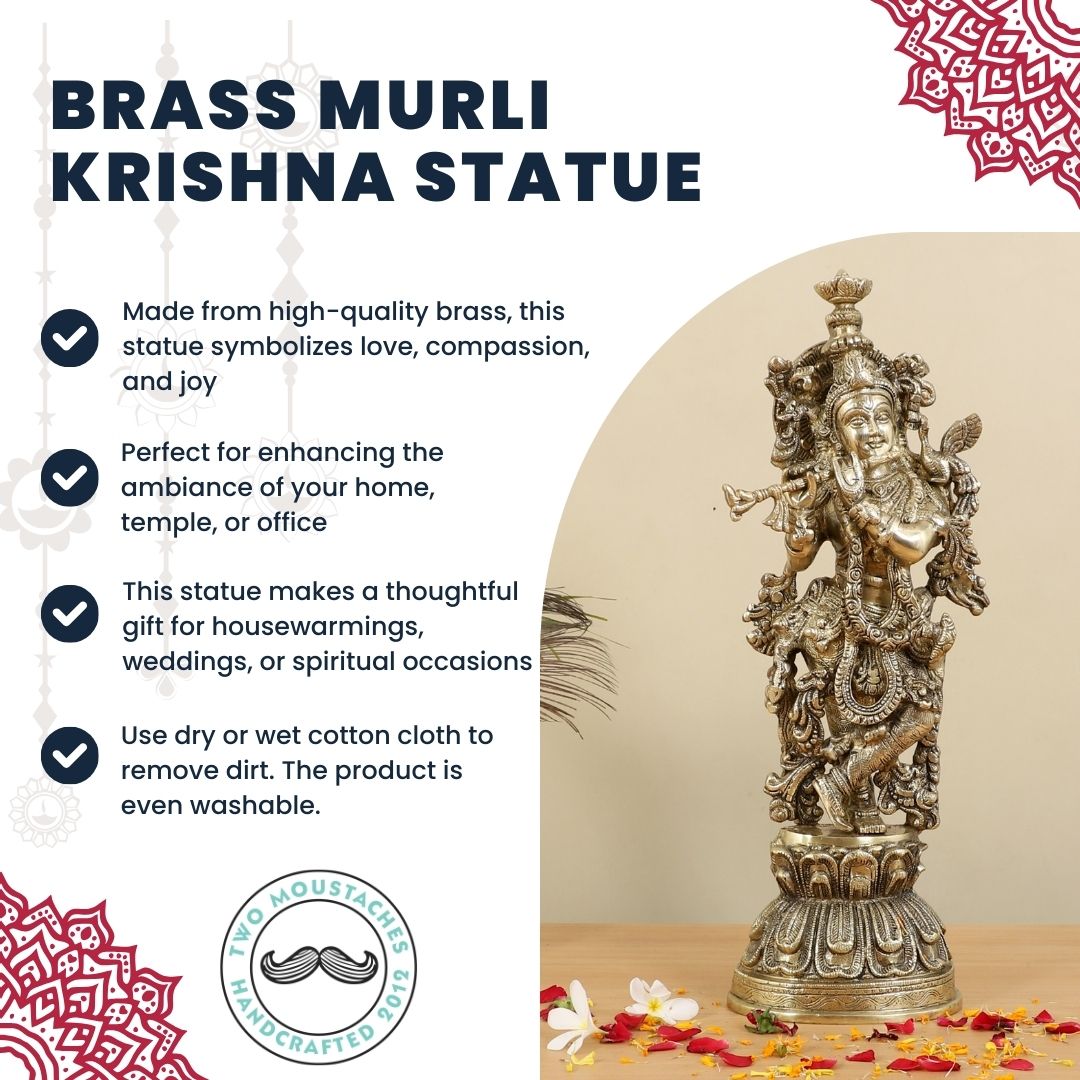 Brass Murli Krishna Statue, Brass God Idols, Krishna Murti for Home Temple