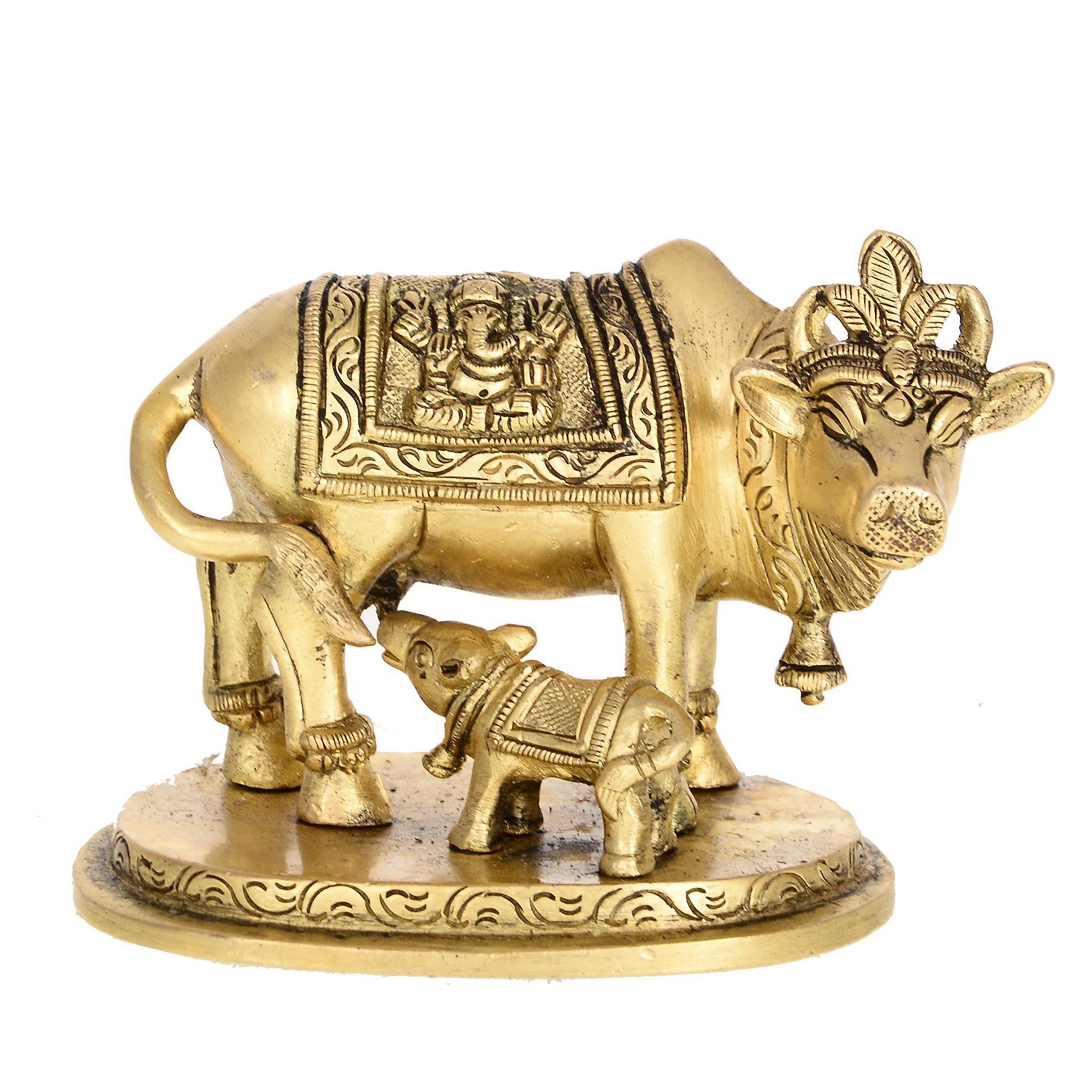 Brass Holy Kamdhenu Cow and Calf Sculpture