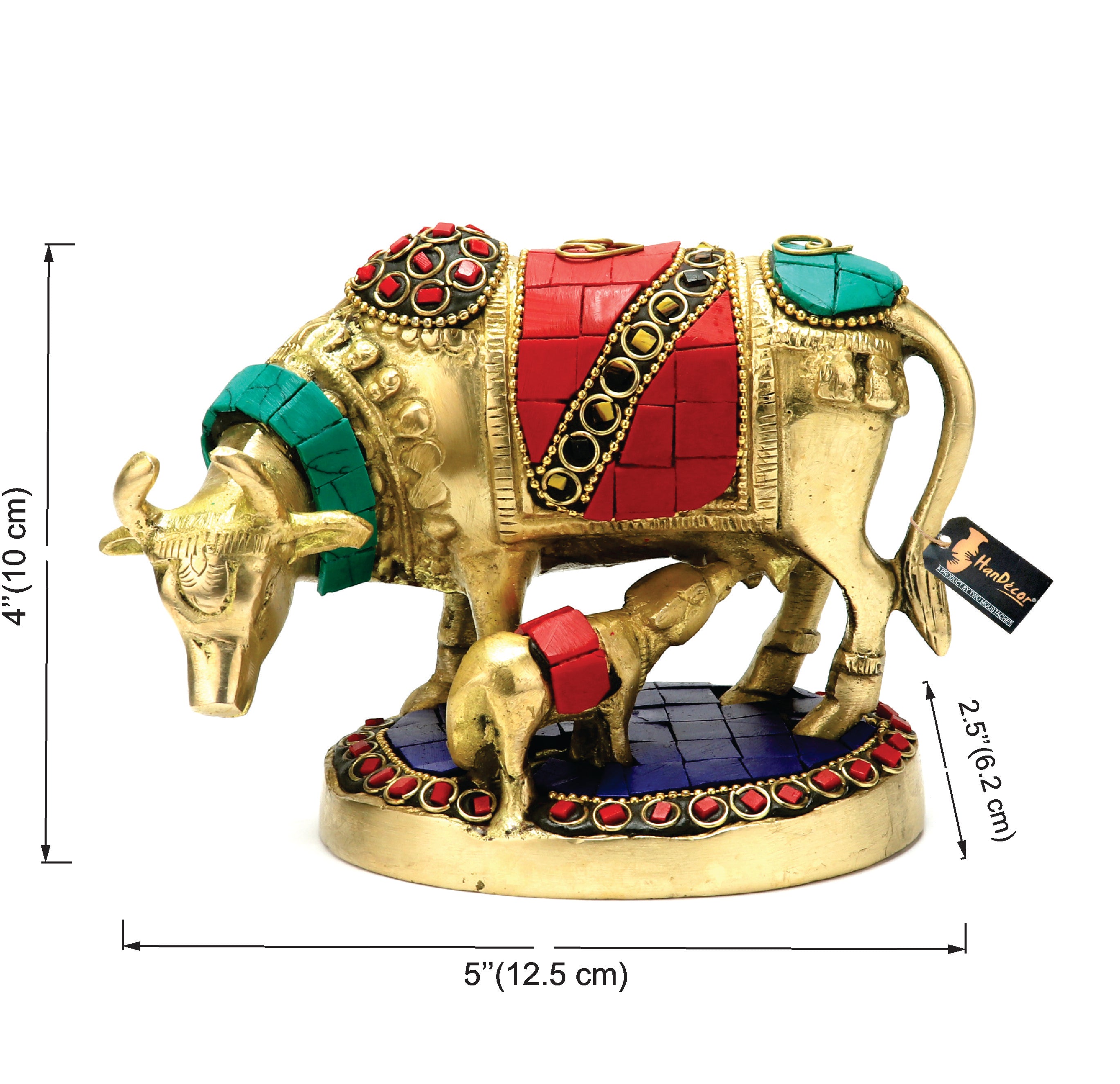 Gemstone Work 5.5 Inches Kamdhenu Cow Brass Showpiece