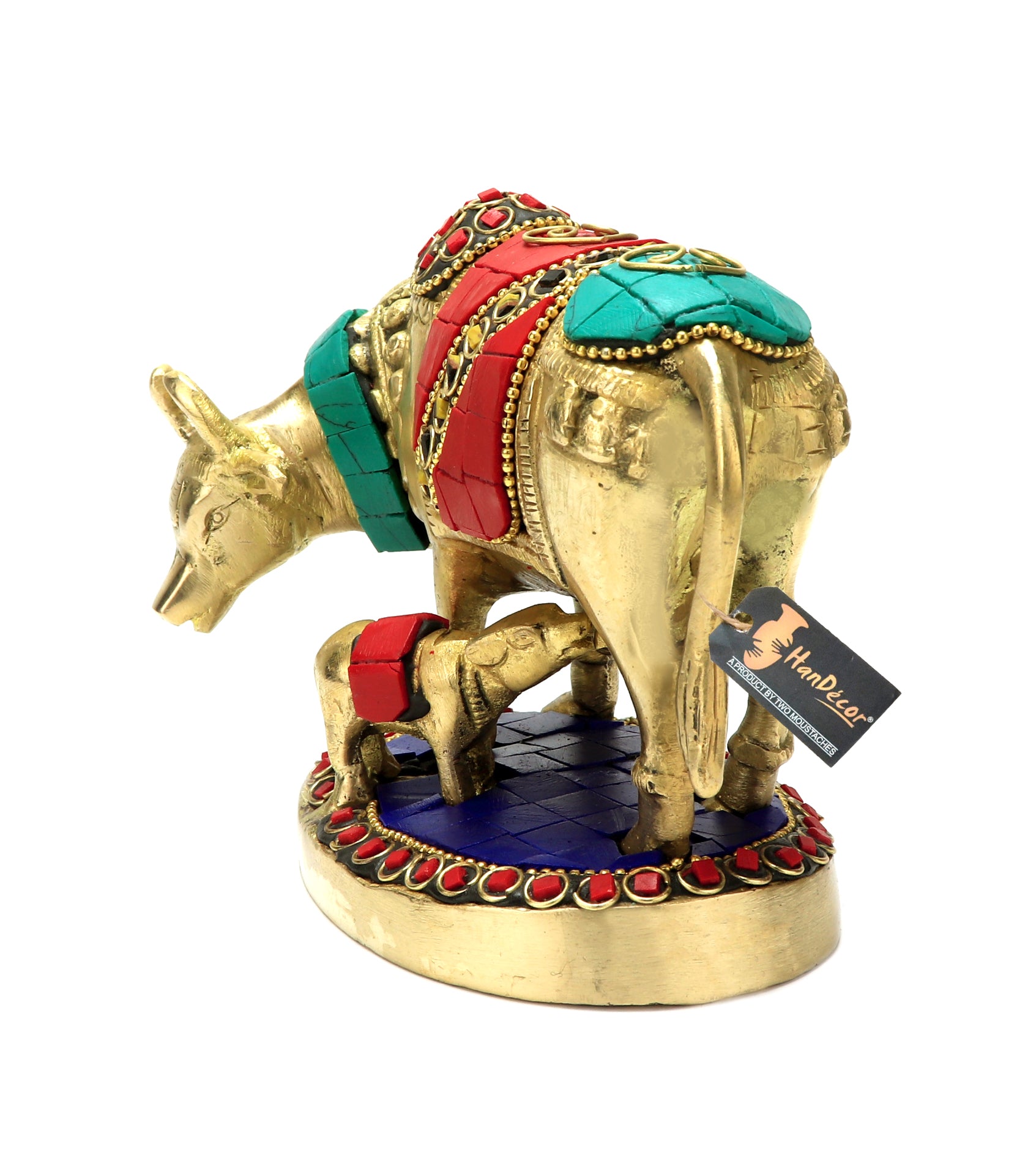 Gemstone Work 5.5 Inches Kamdhenu Cow Brass Showpiece