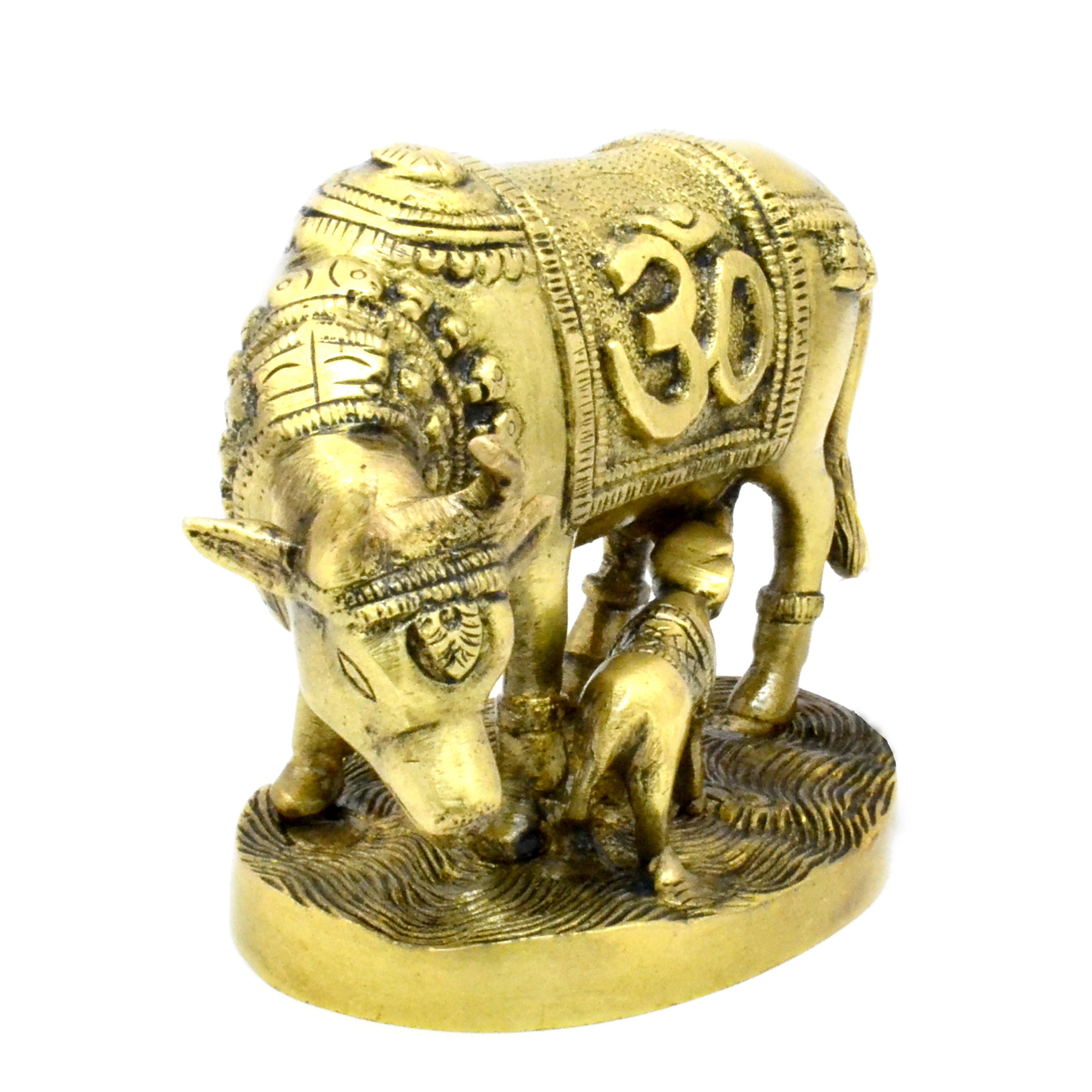 Brass Om & Swastika Engraved Kamdhenu Cow Showpiece