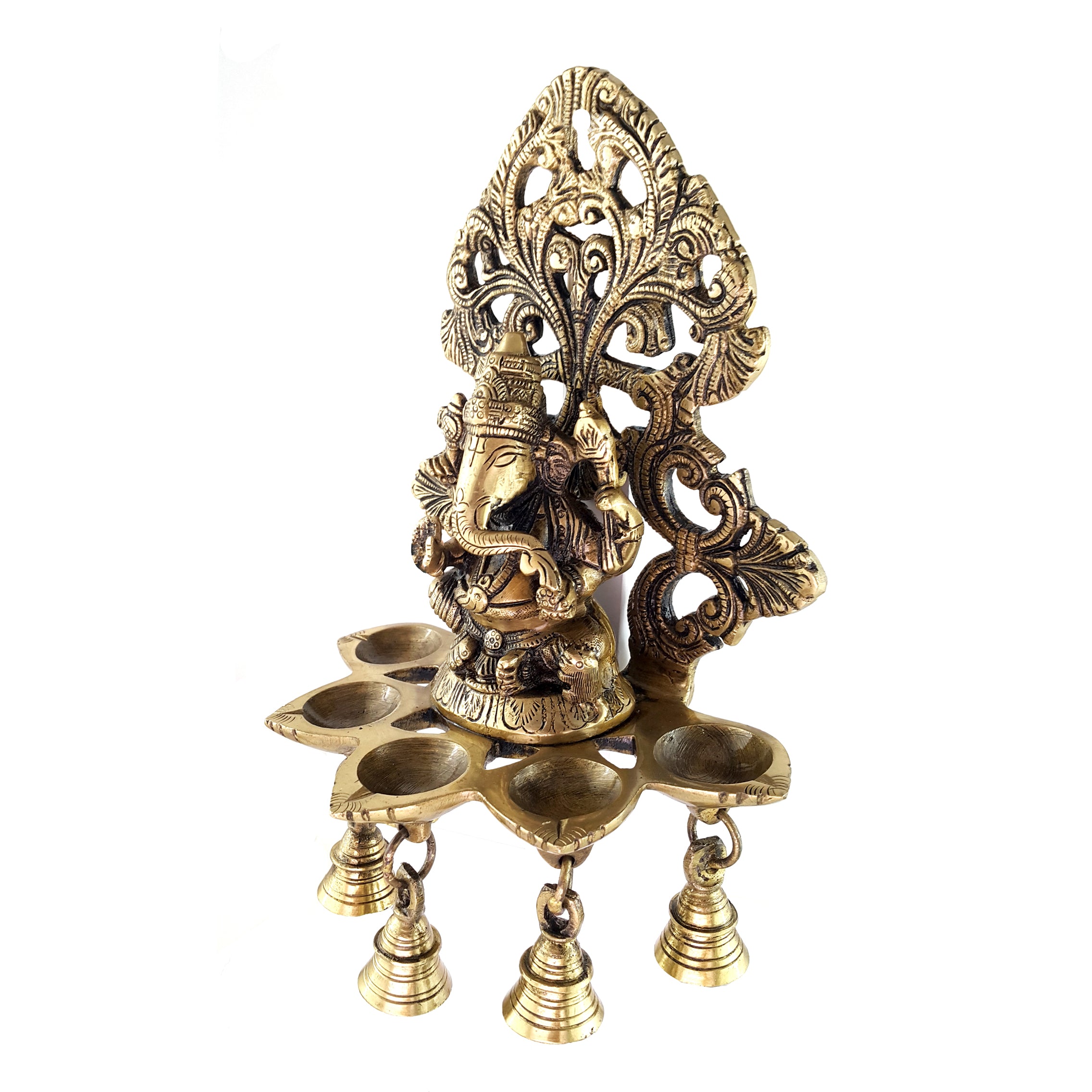 Brass Panchdeep Ganesha Hanging with Bells, Brass Hanging Diya