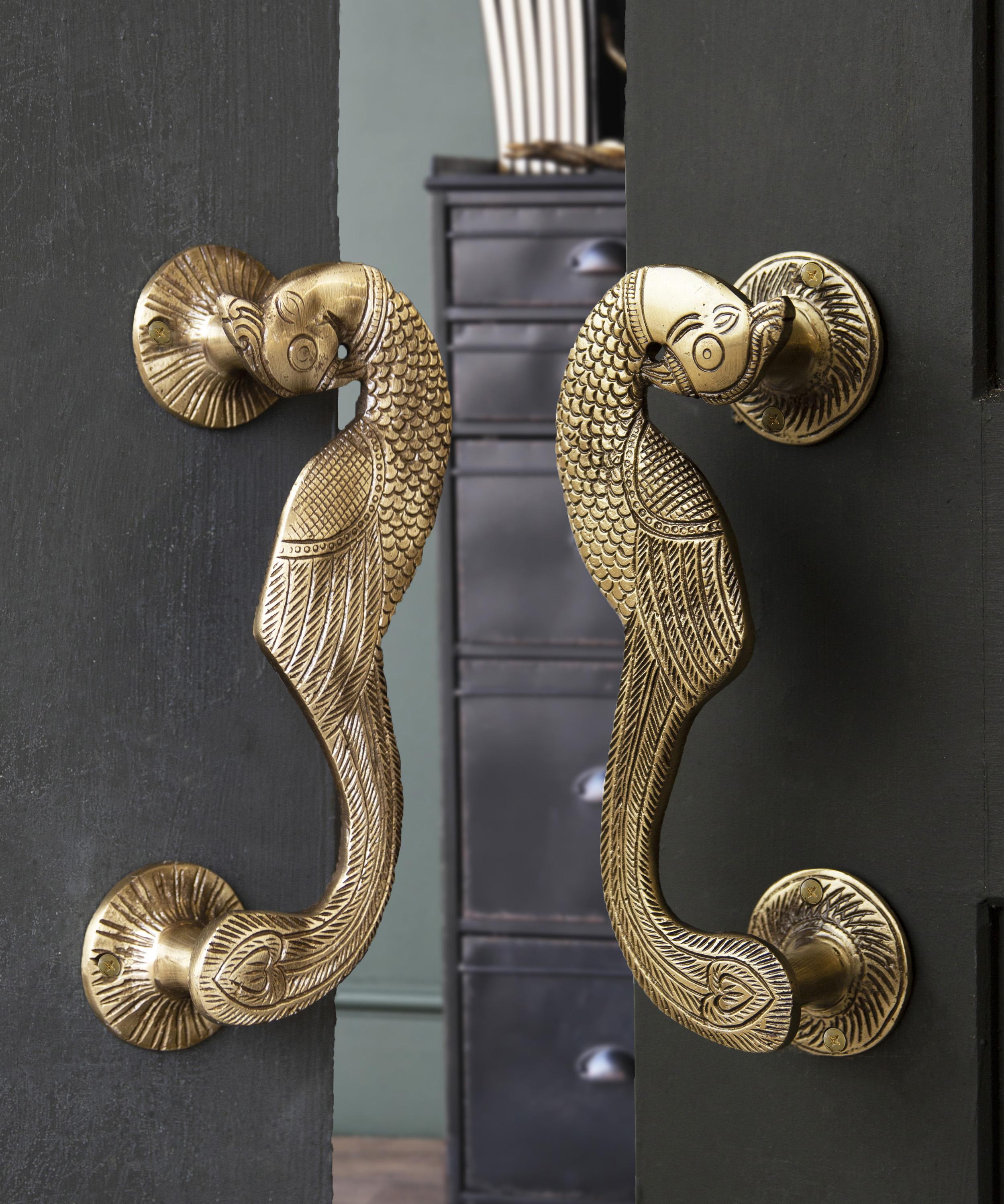 Brass Curved Peacock Door Handle Pair, Antique Brown