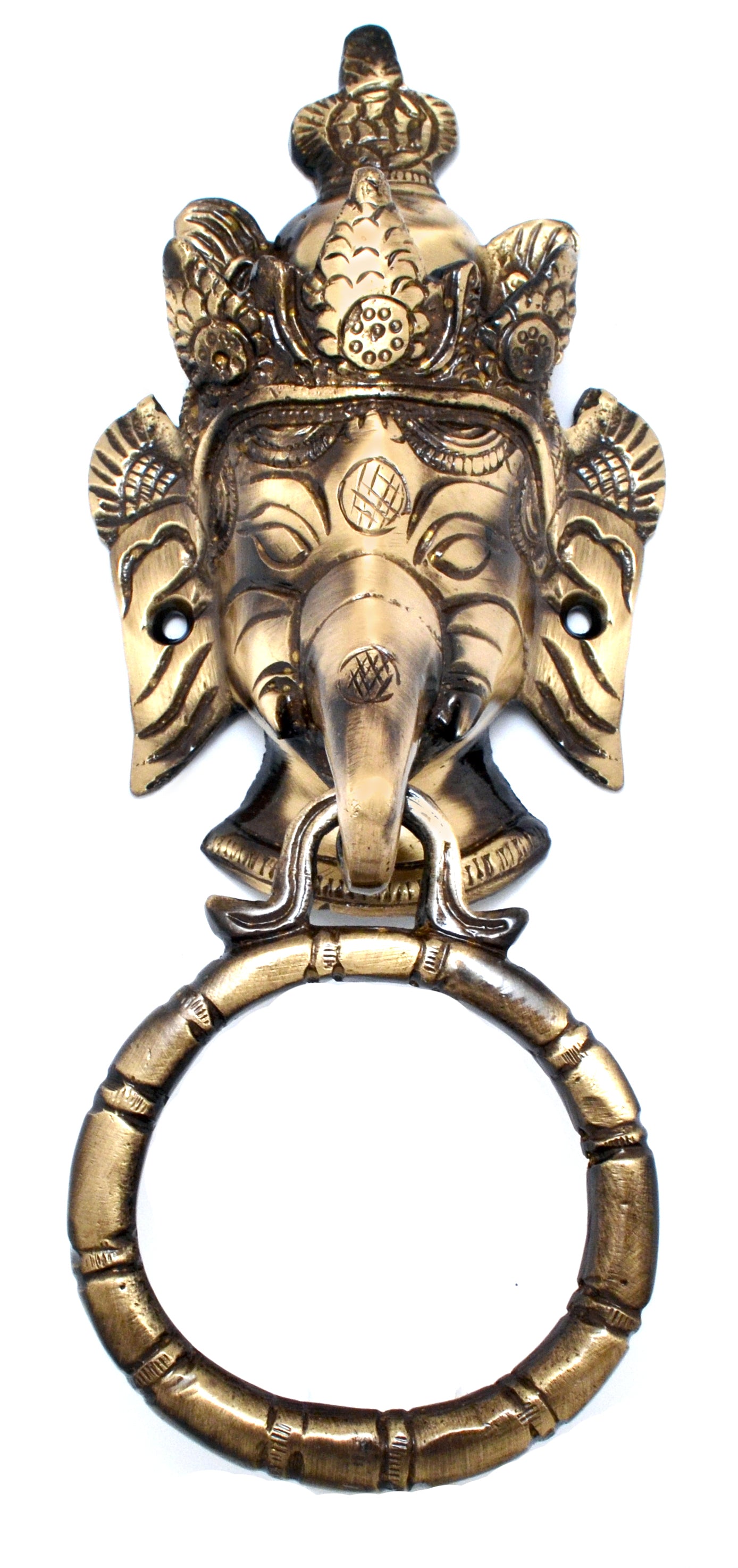 Brass Crown Ganesha Door Knocker, Antique Brown