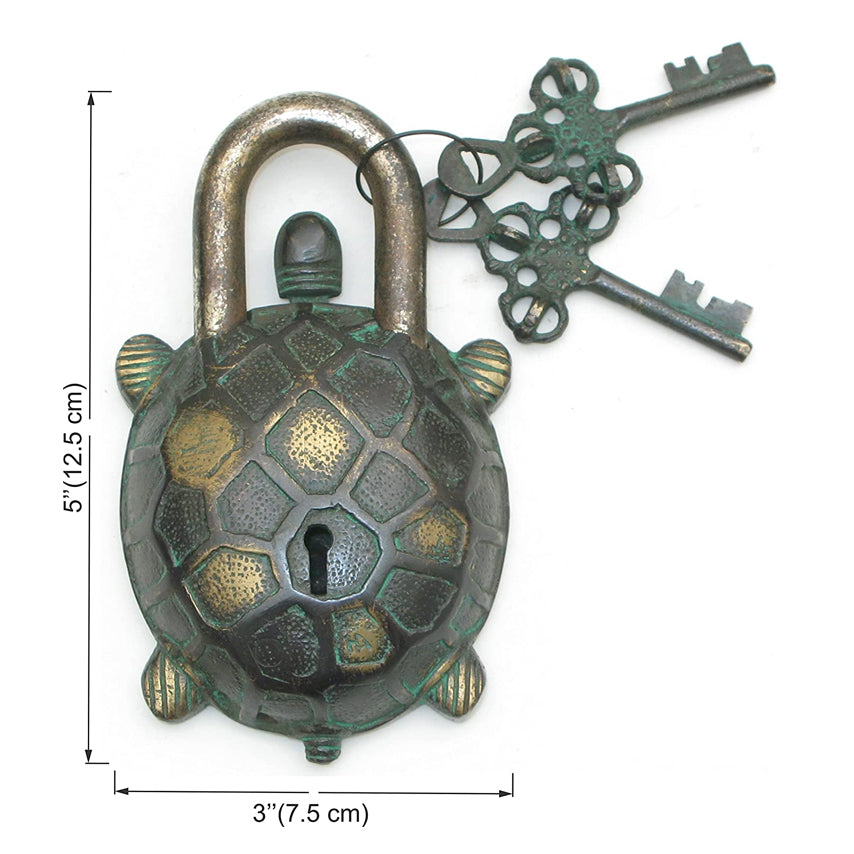 Brass Tortoise Design Coated Functional Lock with 2 Keys (Deep Black, Green)