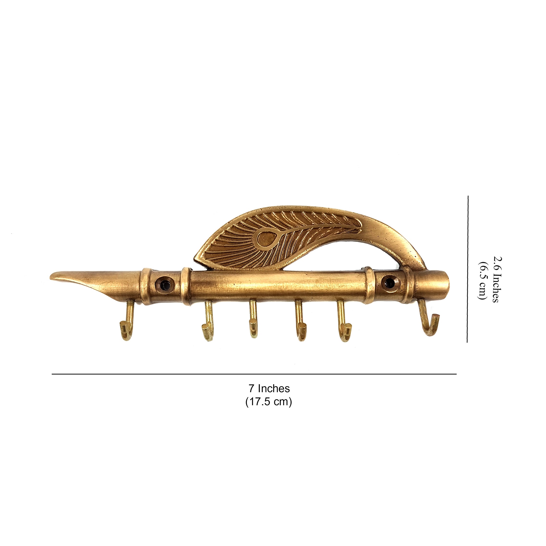 Brass Flute and Peacock Quills Key Holder with 6" Hooks for Utility and Home Decor