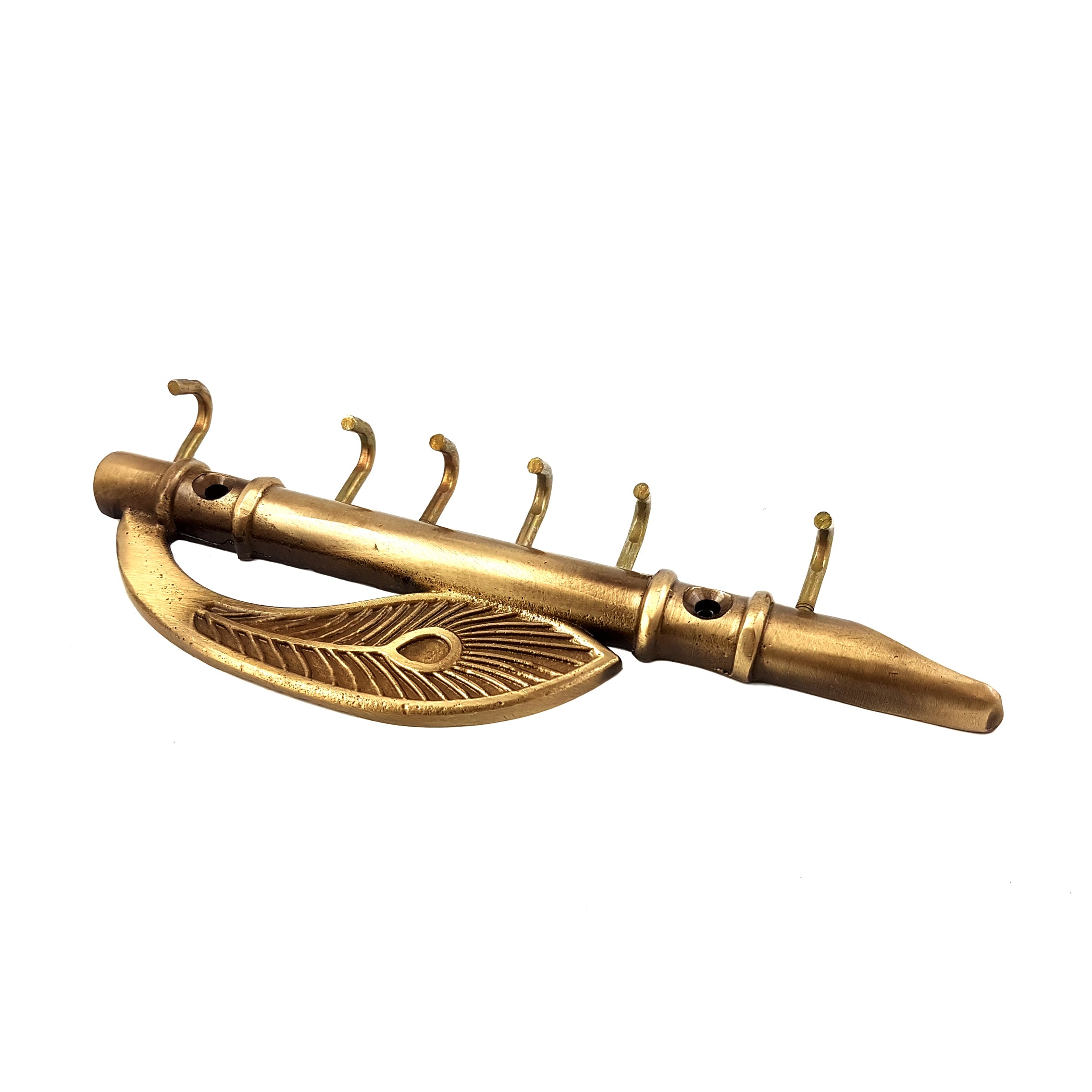 Brass Flute and Peacock Quills Key Holder with 6" Hooks for Utility and Home Decor