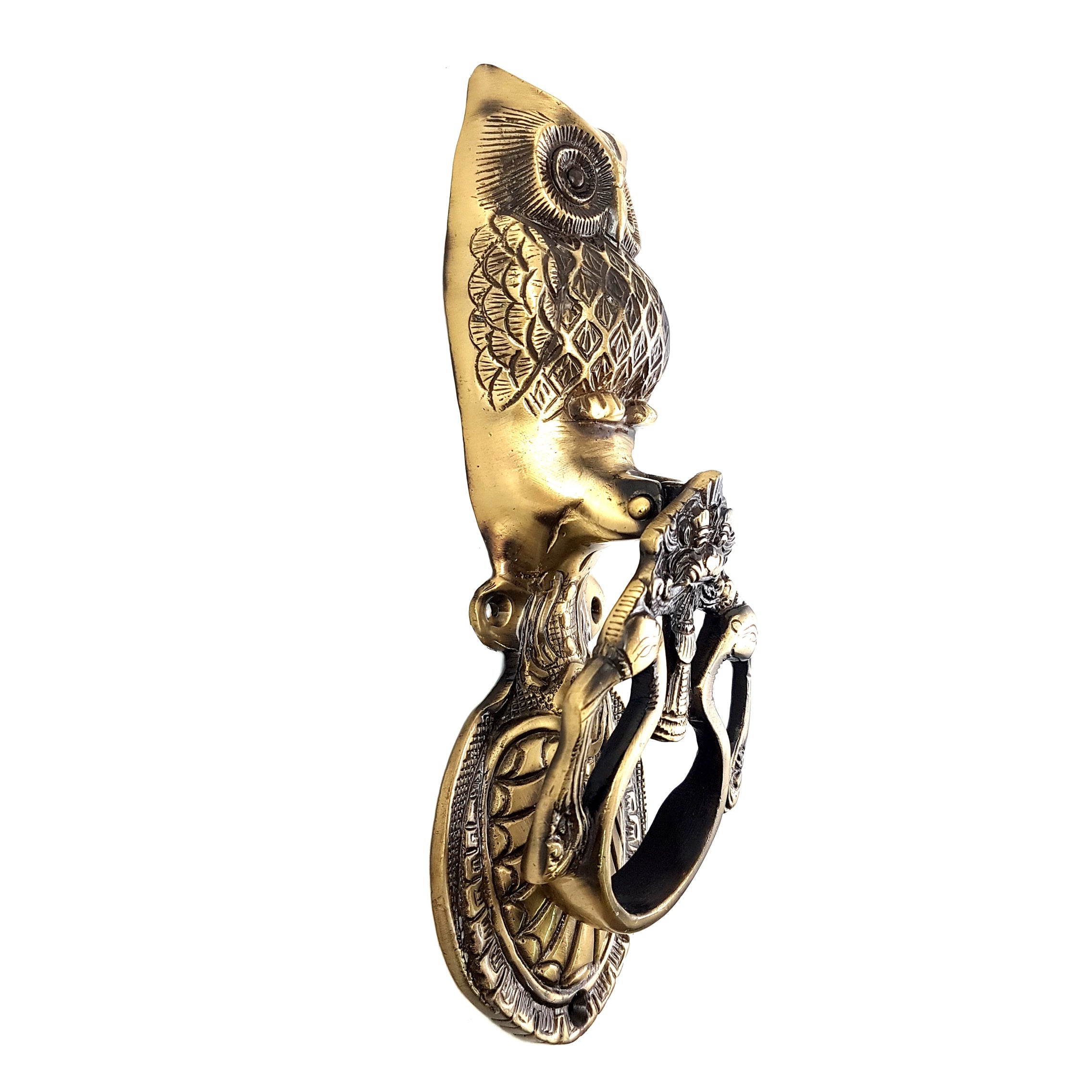 Brass Owl Over Twin Peacock Ring Door Knocker