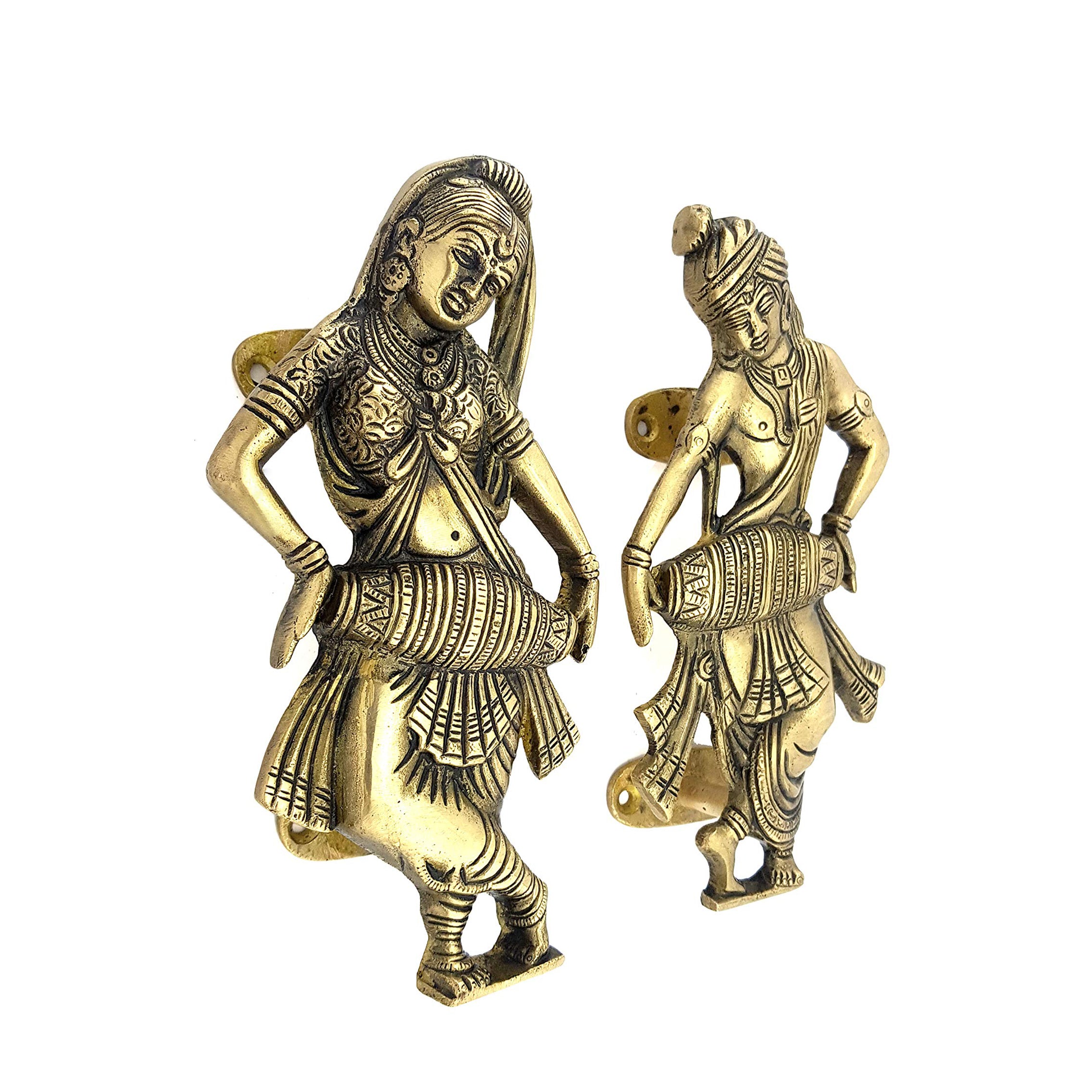 Brass Radha Krishna Playing Dholak Door Handle Pair