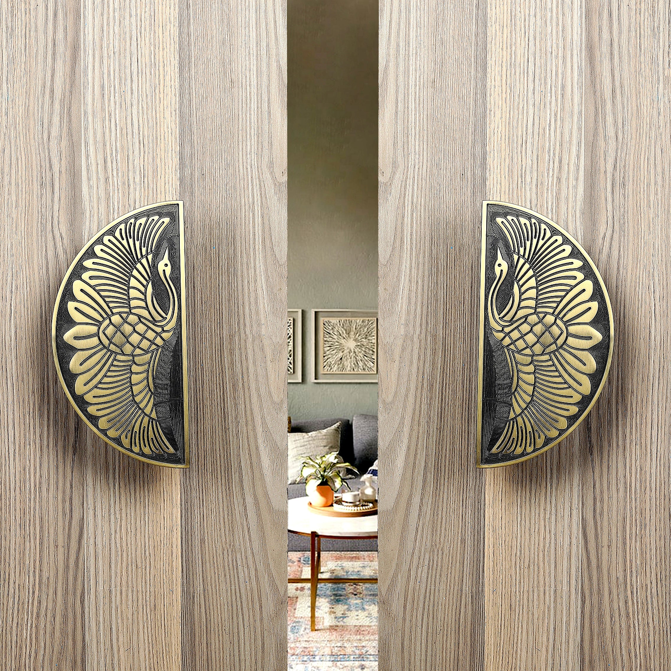 Brass Peacock Embossed 8 Inches Door Handle Pair, Brass Main Door Handles