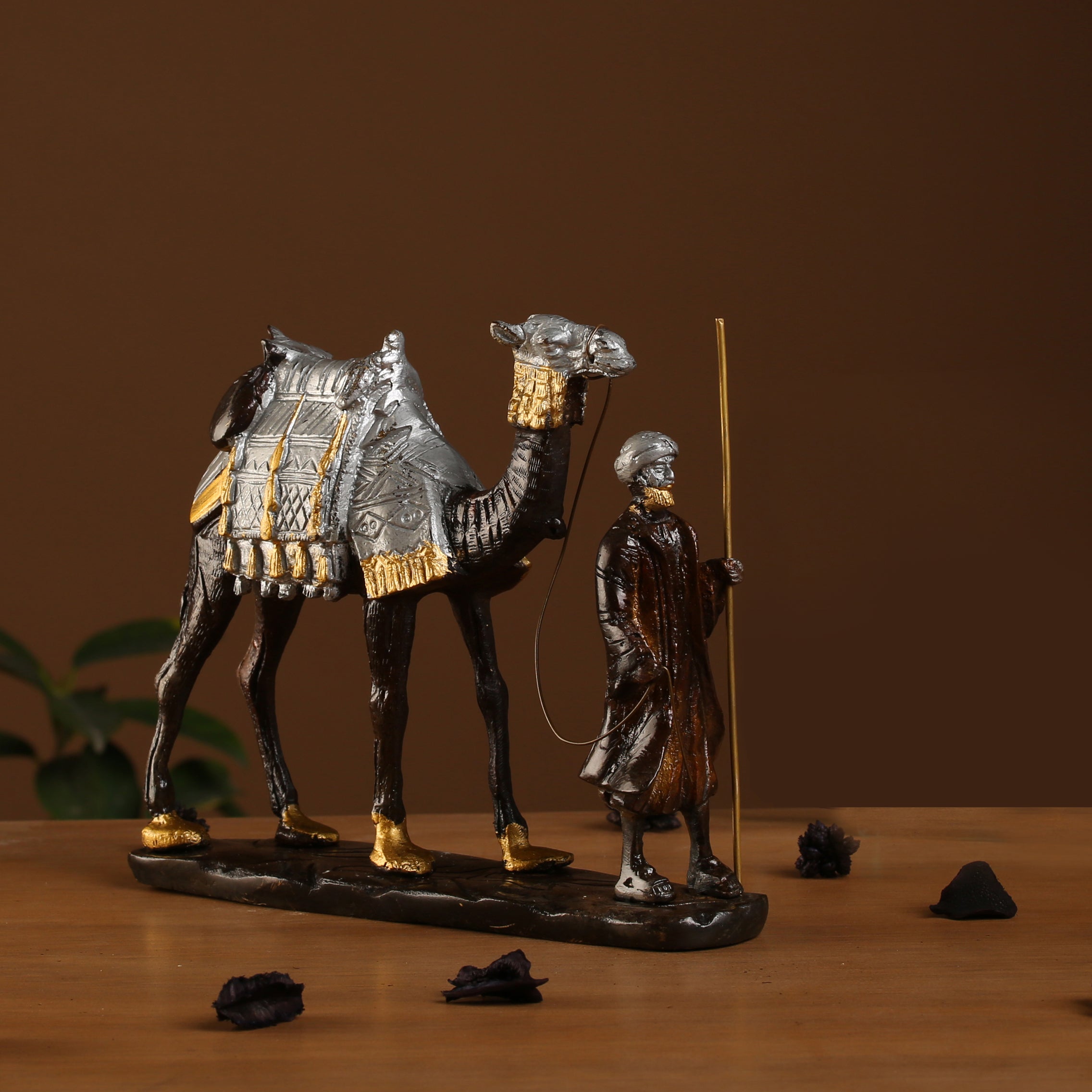 Brass Merchant of Arabia Showpiece, Handcrafted Brass Man with Camel Showpiece