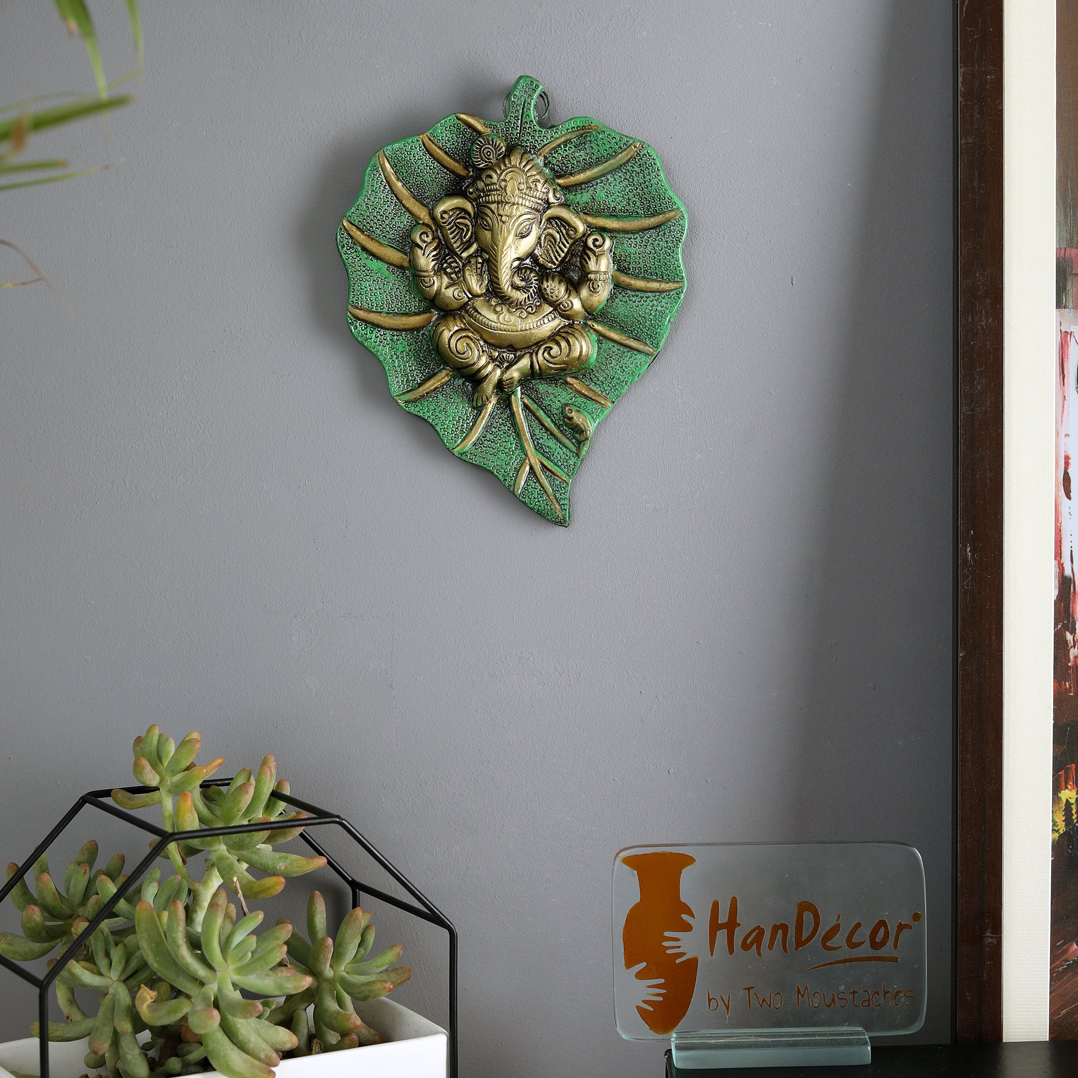 Metal Decorative Leaf Ganesha on Patta Wall Hanging Showpiece