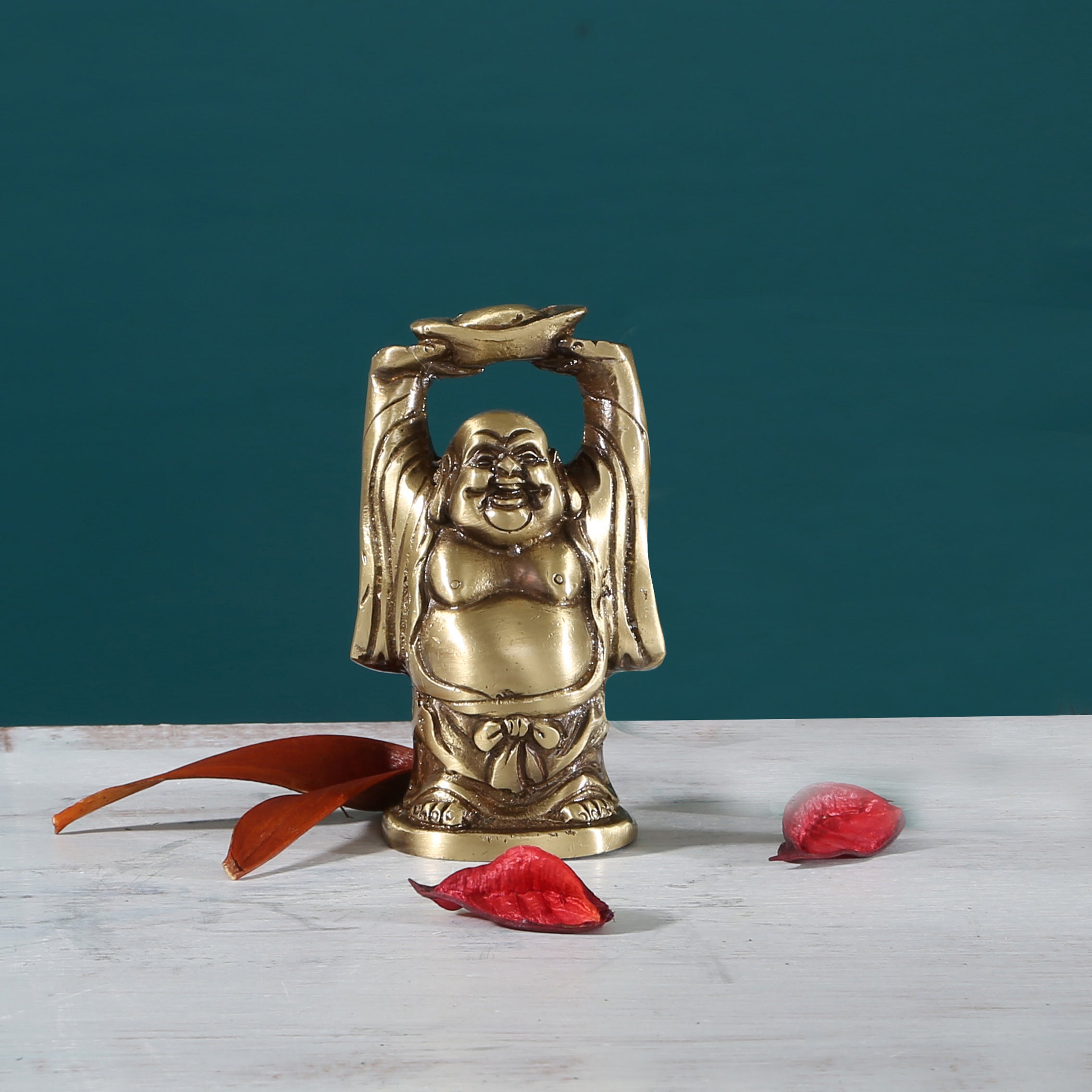 Brass Laughing Buddha with Ingot Showpiece, Good Luck Buddha