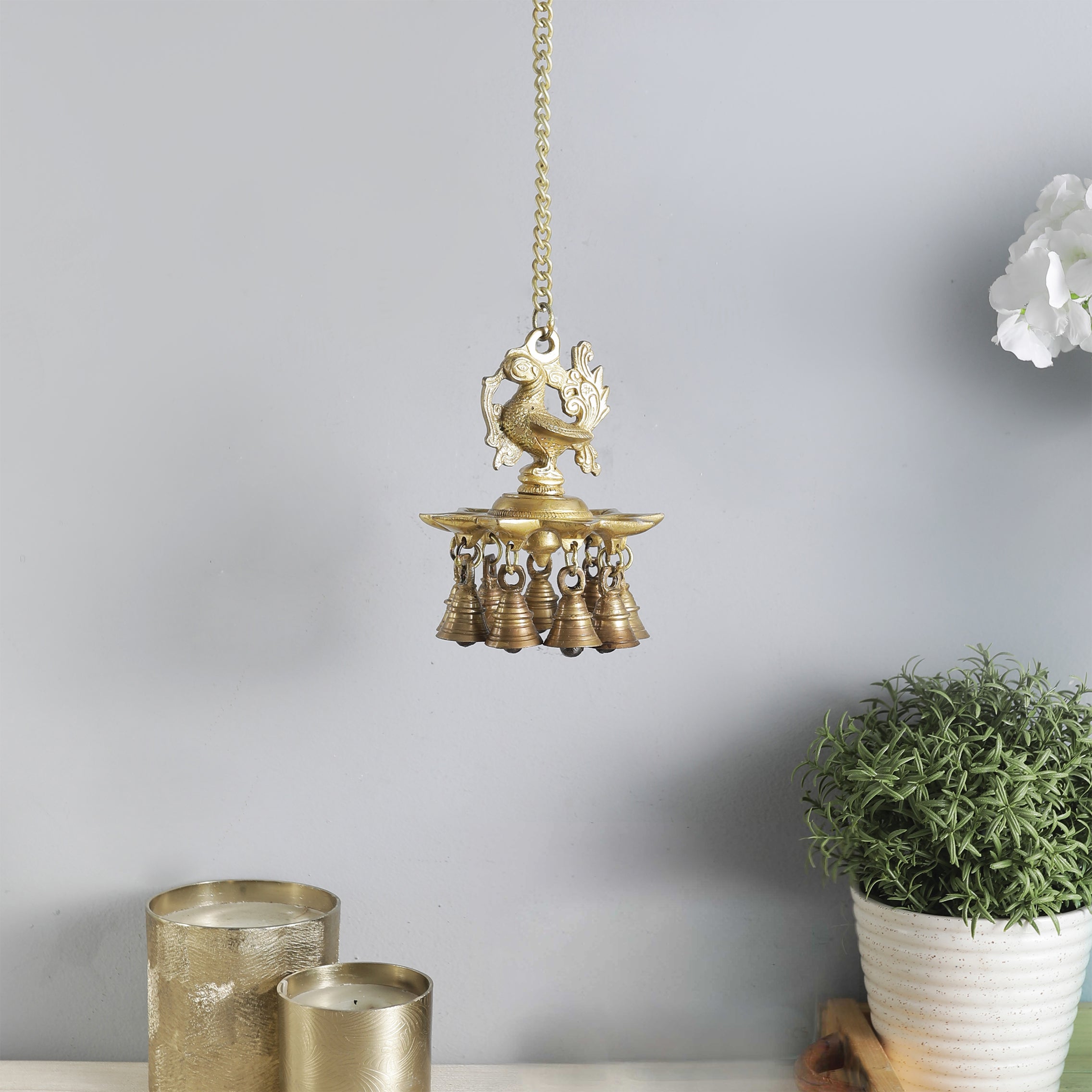 Brass Peacock Design Hanging Diya with Bells, Hanging Lamp Diya