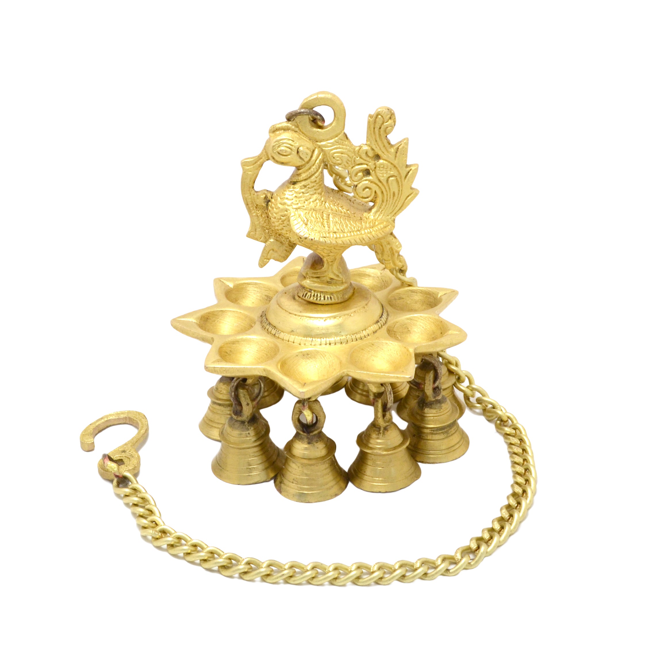 Brass Peacock Design Hanging Diya with Bells, Hanging Lamp Diya